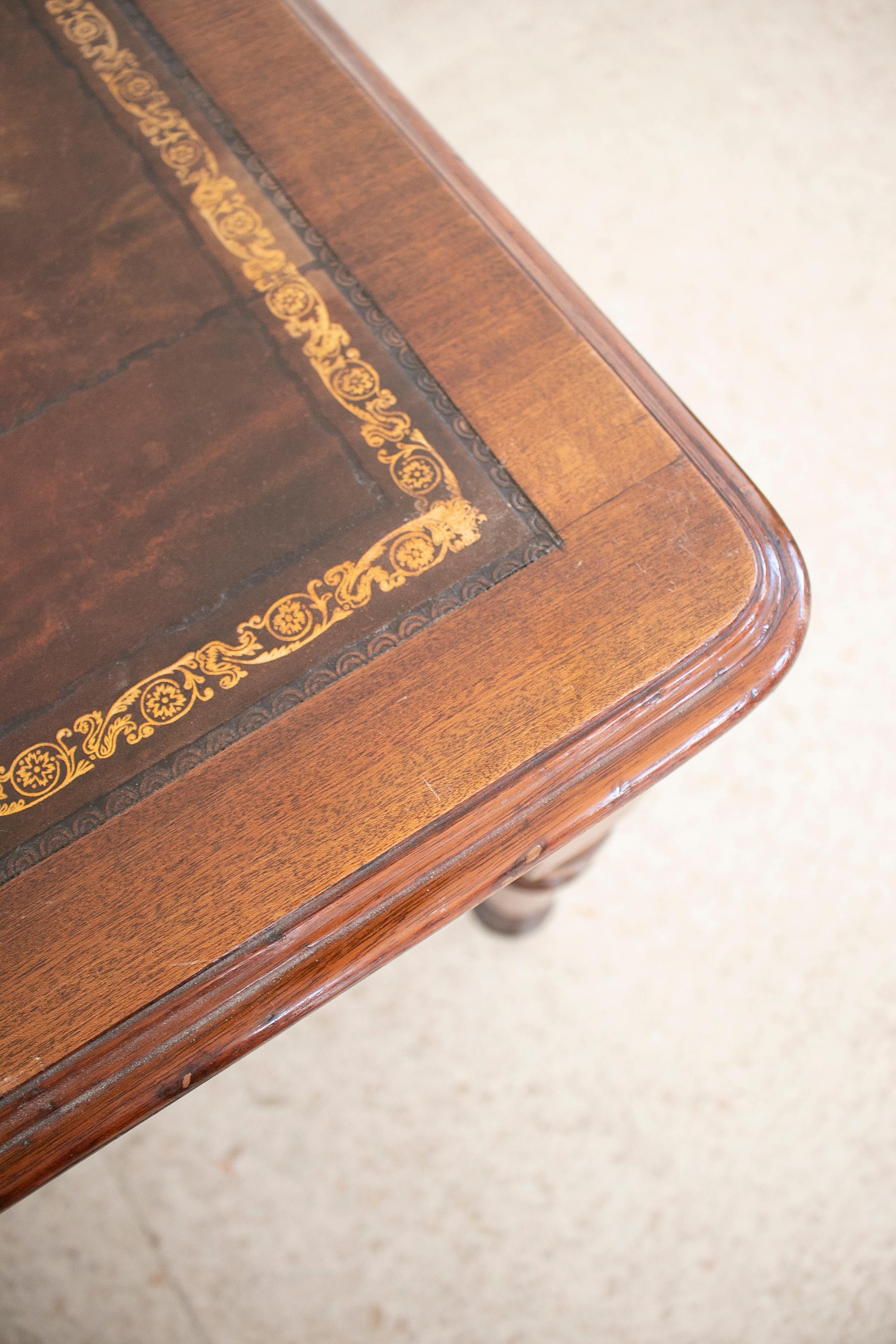 19th Century English 2-Drawer Leather Top Bureau Desk w/ Bronze Wheels 14