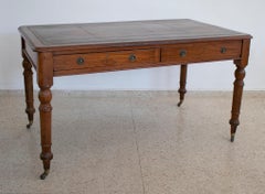 19th Century English 2-Drawer Leather Top Bureau Desk w/ Bronze Wheels