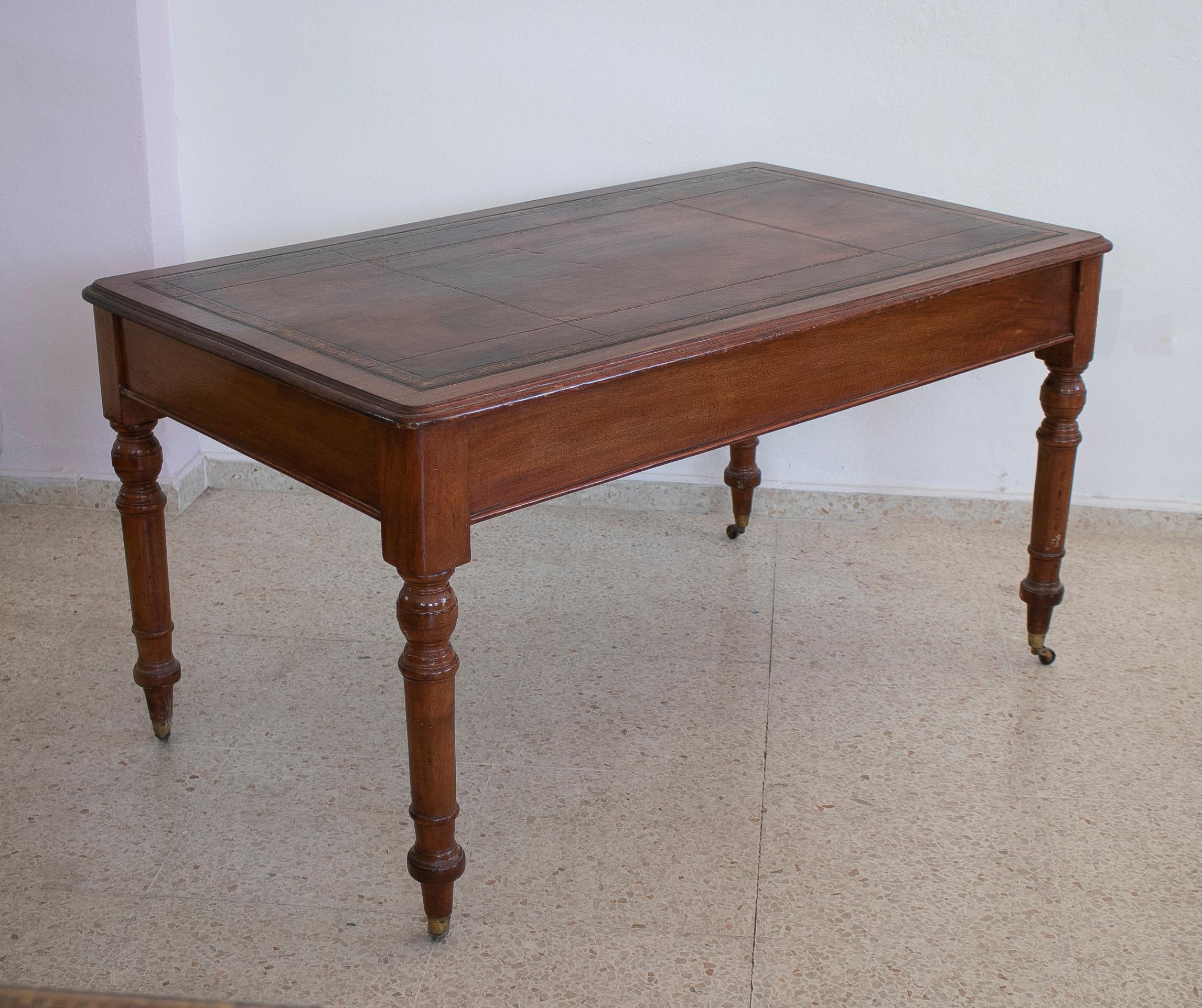 19th Century English 2-Drawer Leather Top Bureau Desk w/ Bronze Wheels 3