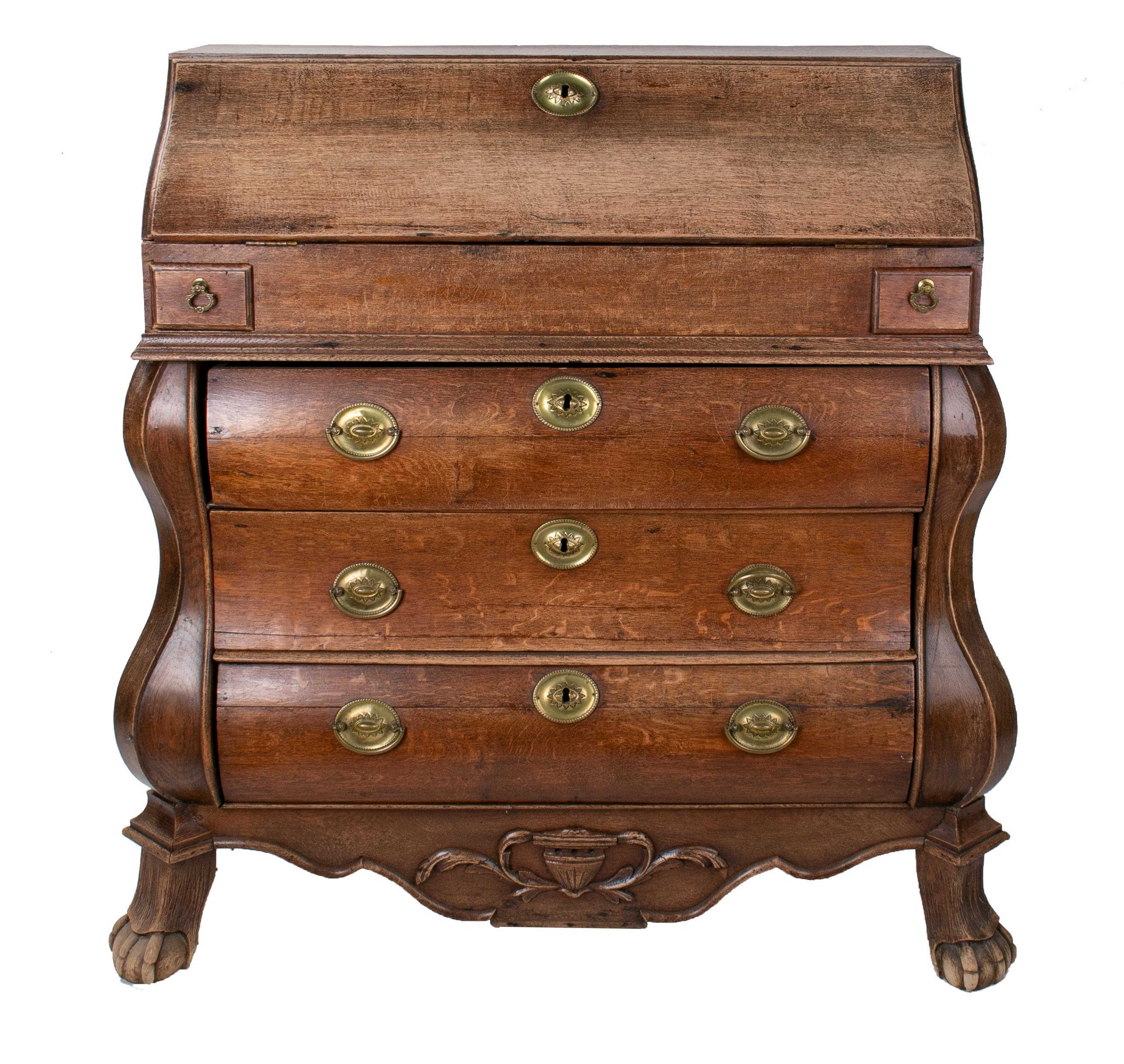 19th century English 3-drawer oak bureau office desk with bronze hardware.
