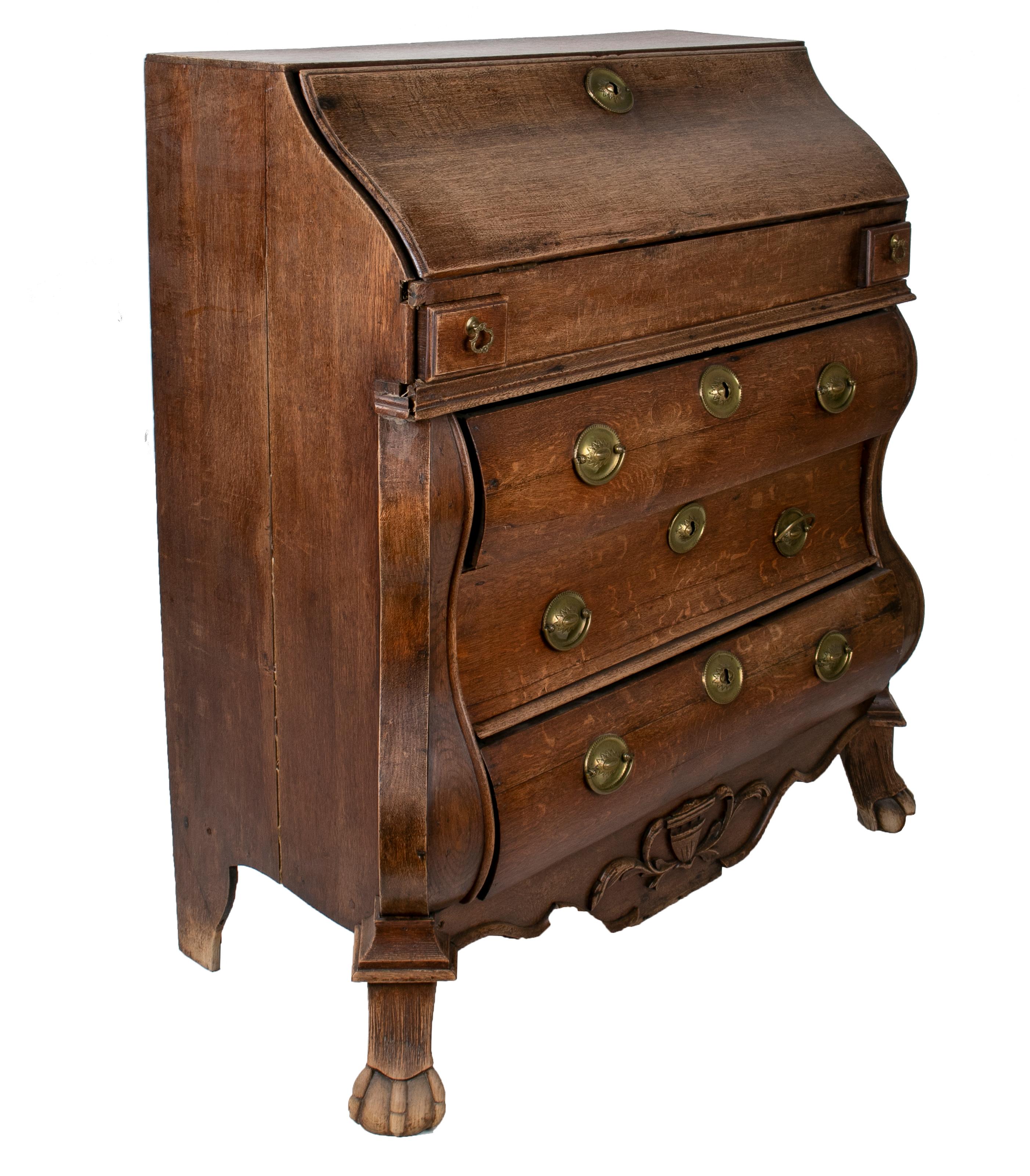 19th Century English 3-Drawer Oak Bureau Office Desk with Bronze Hardware For Sale 1