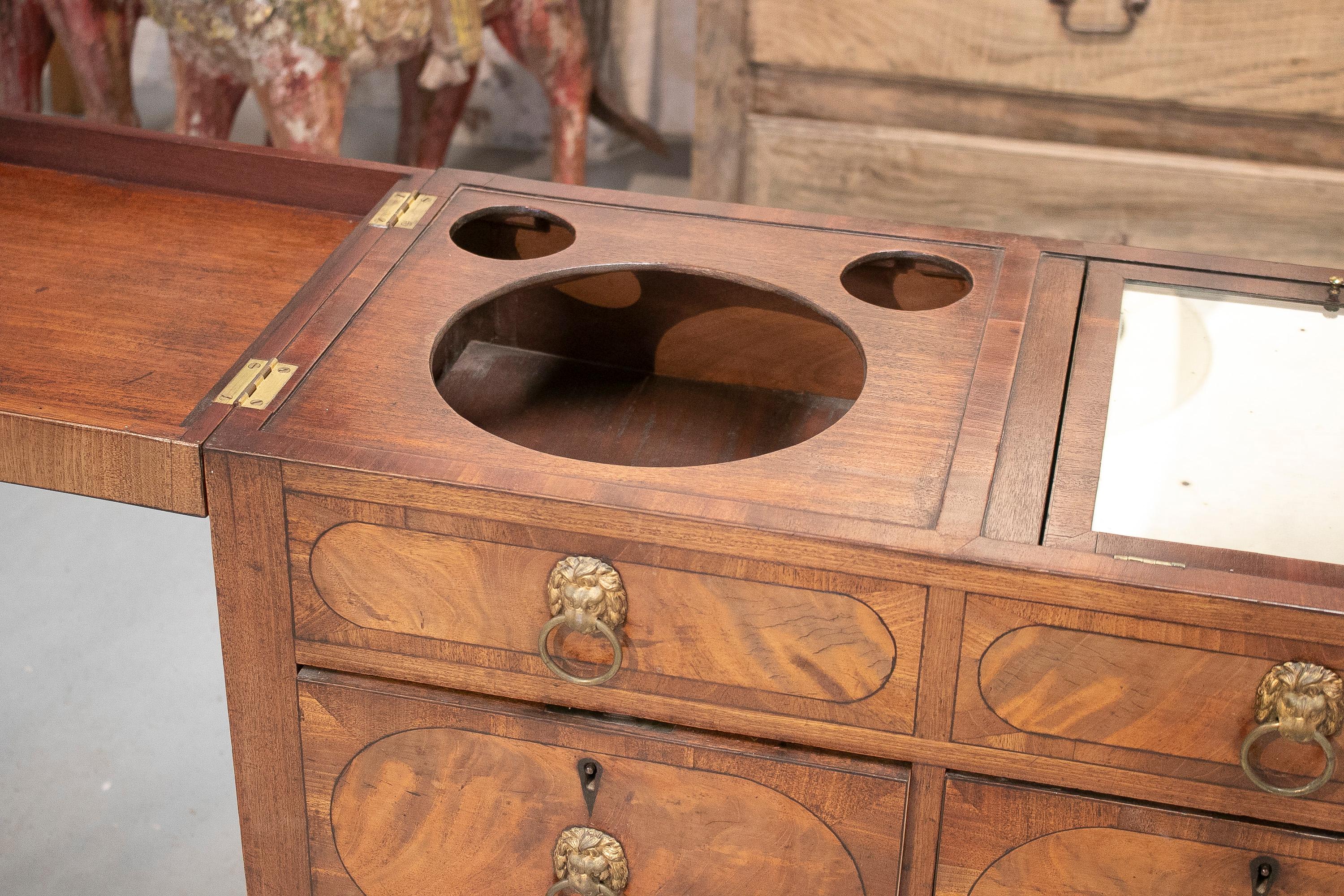 19th Century English 4-Drawer Mahogany Veneered Mirrored Dressing Table w/ Basin 2