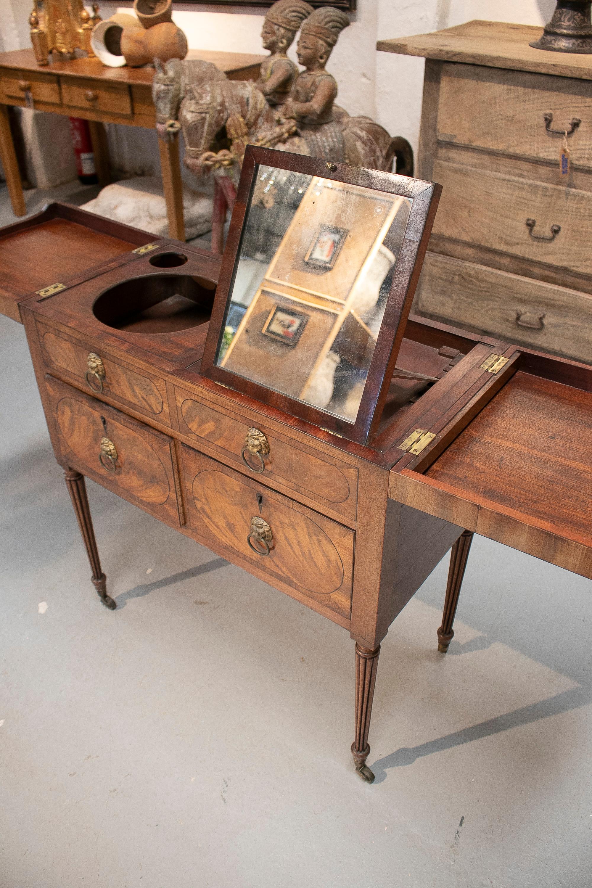 19th Century English 4-Drawer Mahogany Veneered Mirrored Dressing Table w/ Basin 4