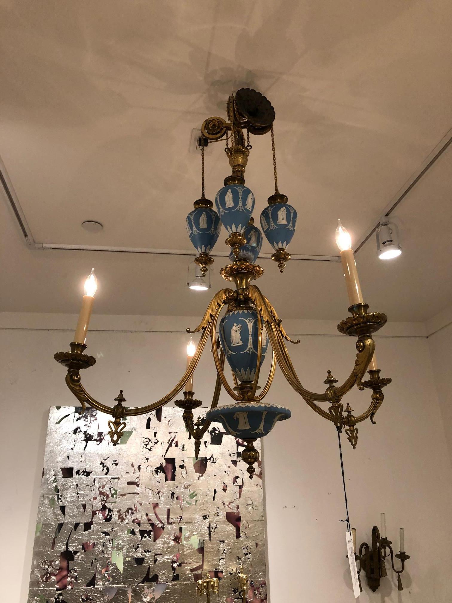 English Adam Style Wedgwood Bronze Dore Chandelier For Sale 3