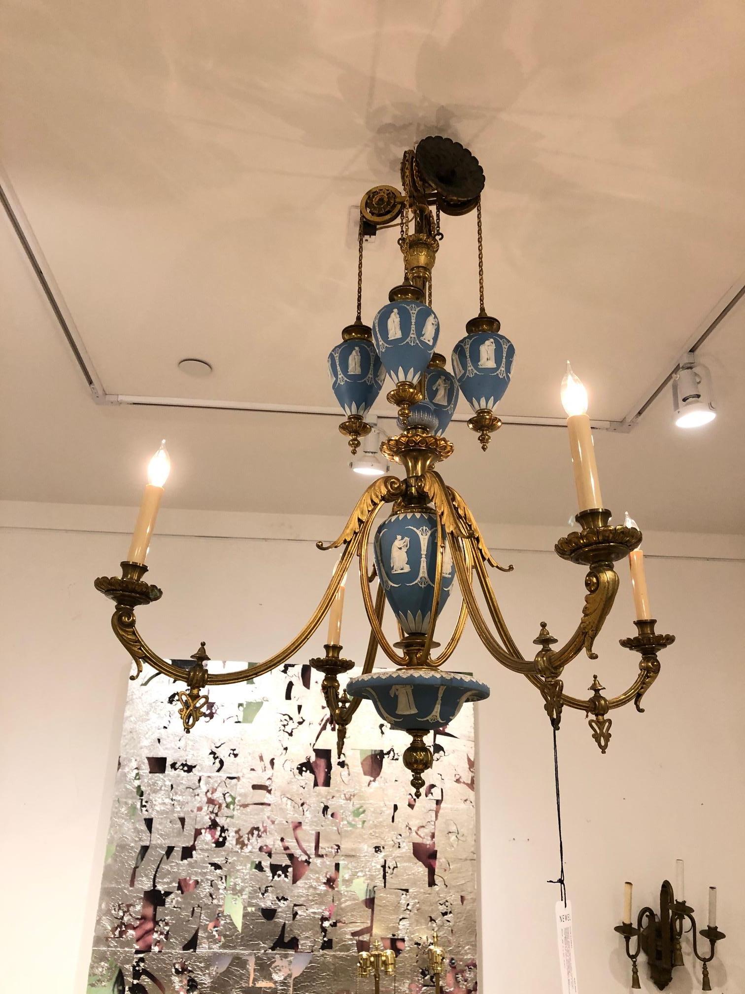Porcelain English Adam Style Wedgwood Bronze Dore Chandelier For Sale