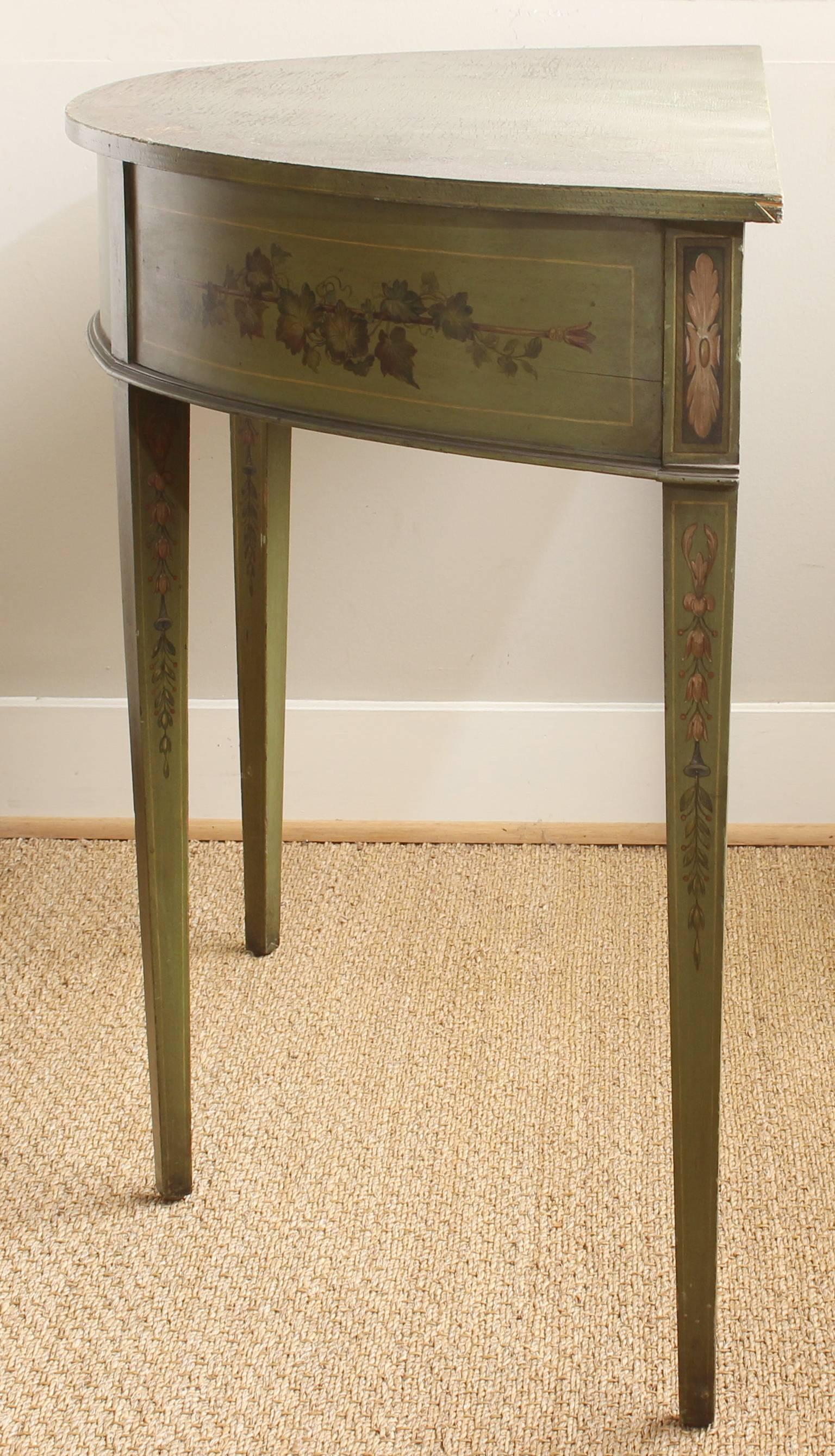 19th Century English Adam Style Paint Decorated Demilune Console Table In Fair Condition In Kilmarnock, VA