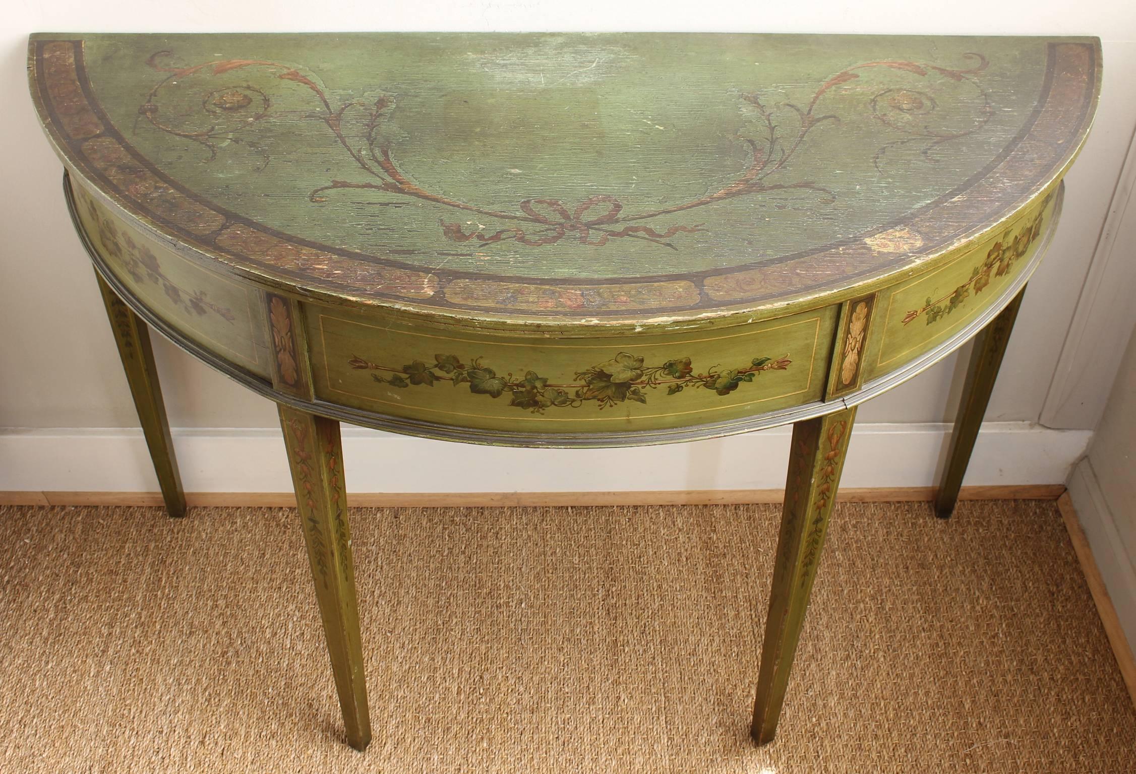 19th Century English Adam Style Paint Decorated Demilune Console Table 2