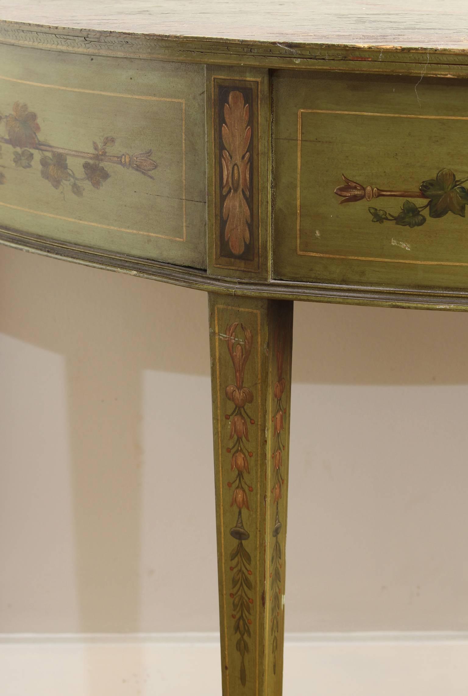 19th Century English Adam Style Paint Decorated Demilune Console Table 4