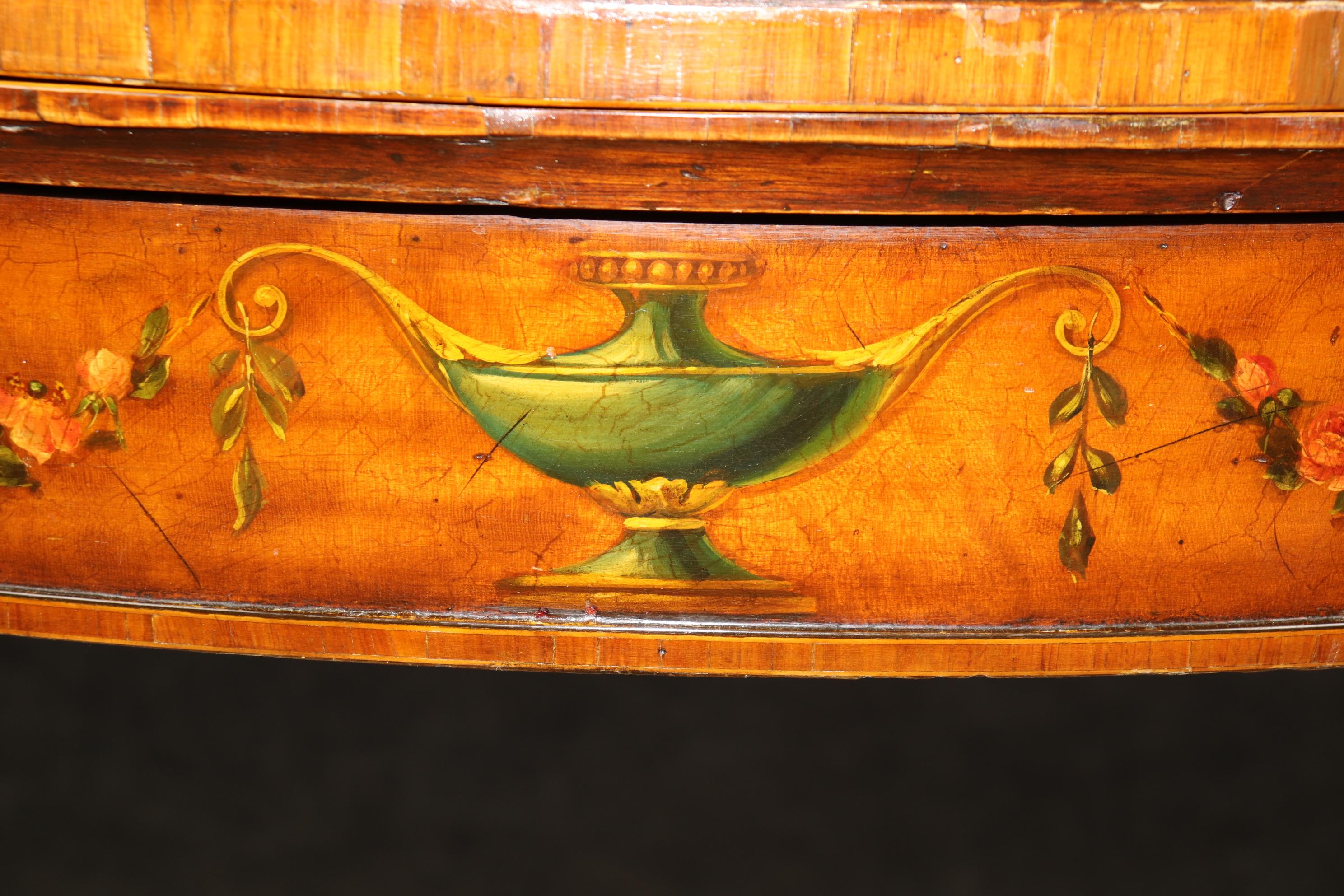 19th century English Adams Style Paint Decorated Leather Top Demilune Table For Sale 4