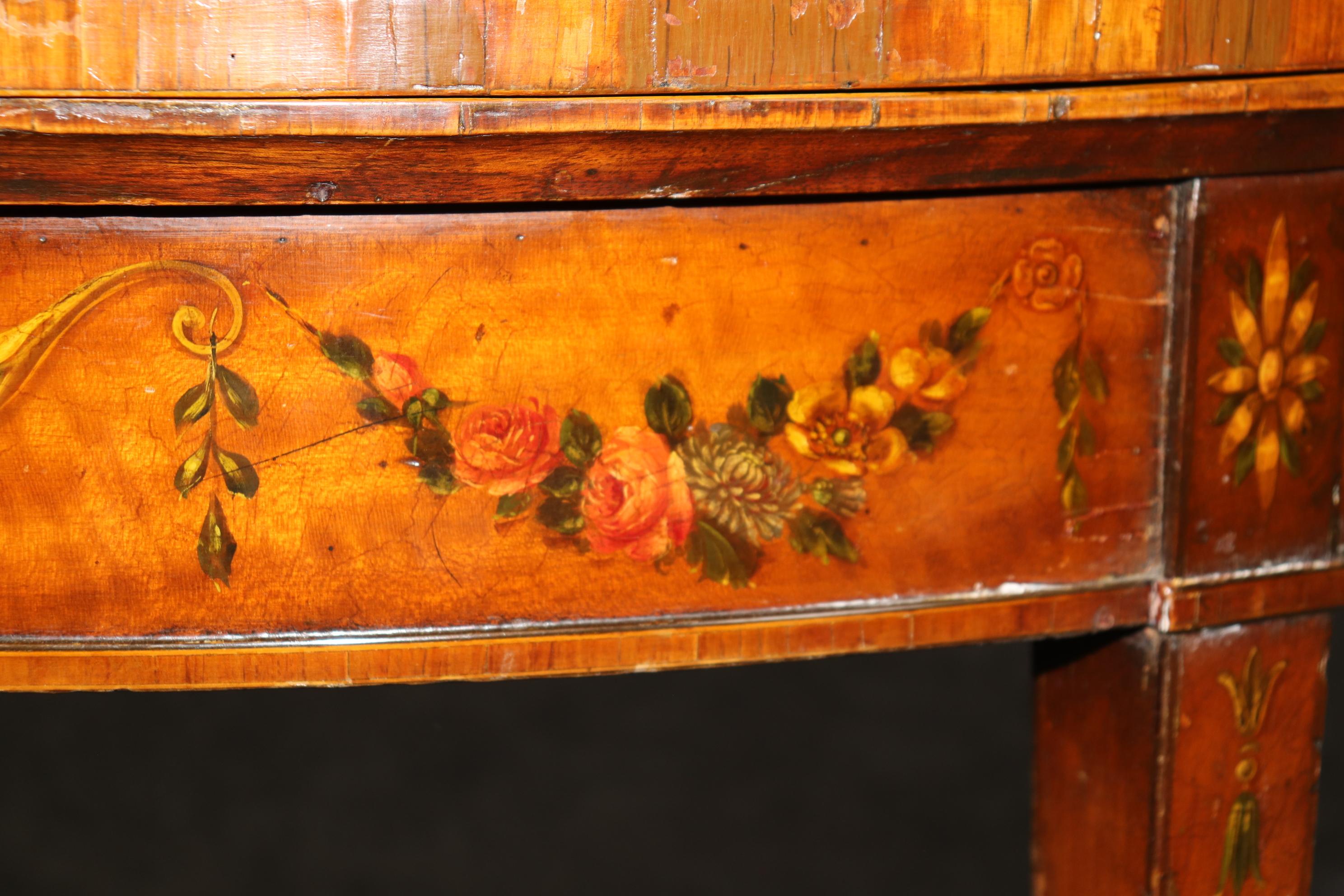 19th century English Adams Style Paint Decorated Leather Top Demilune Table For Sale 5