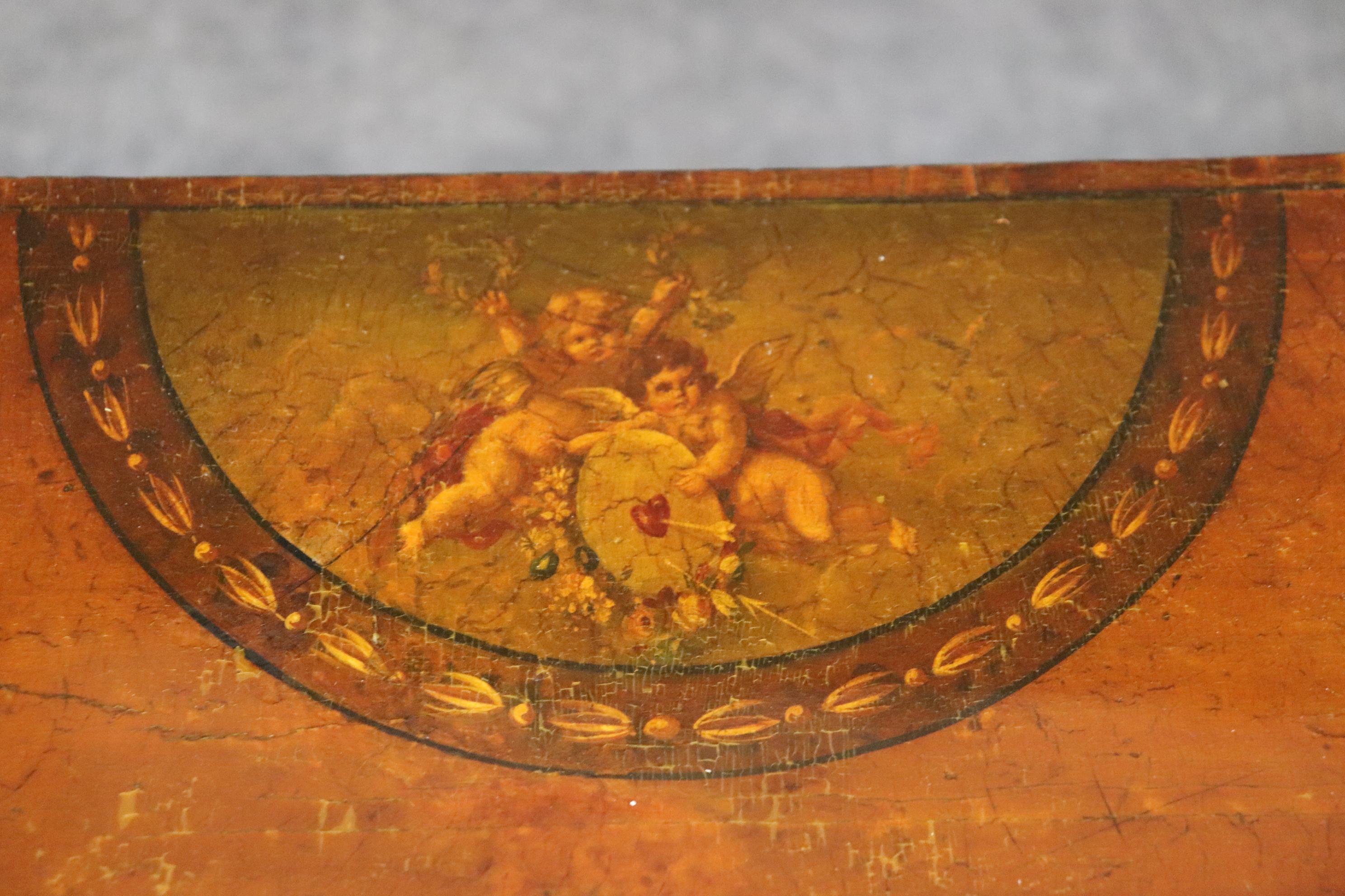 19th century English Adams Style Paint Decorated Leather Top Demilune Table For Sale 6
