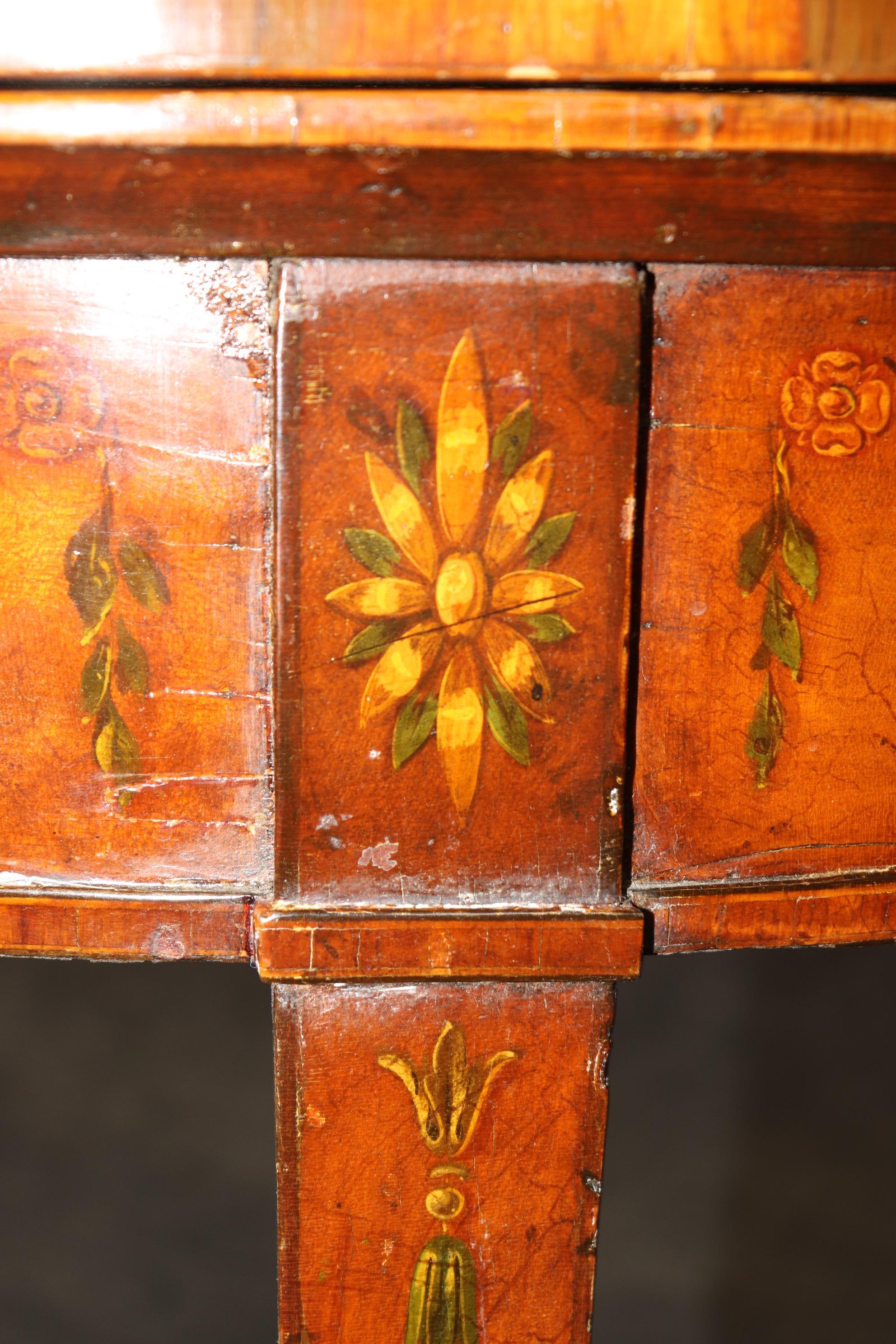 19th century English Adams Style Paint Decorated Leather Top Demilune Table For Sale 9