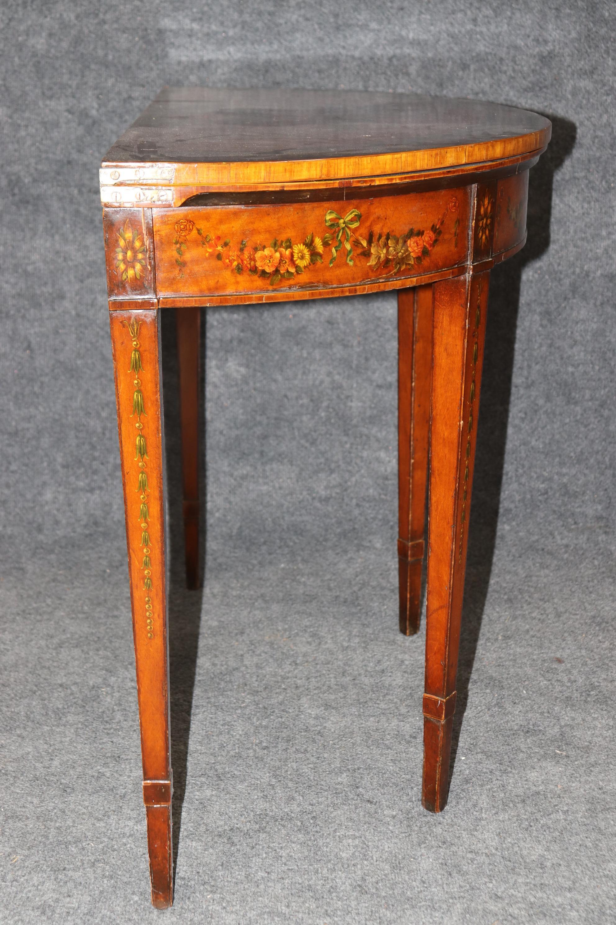 Adam Style 19th century English Adams Style Paint Decorated Leather Top Demilune Table For Sale