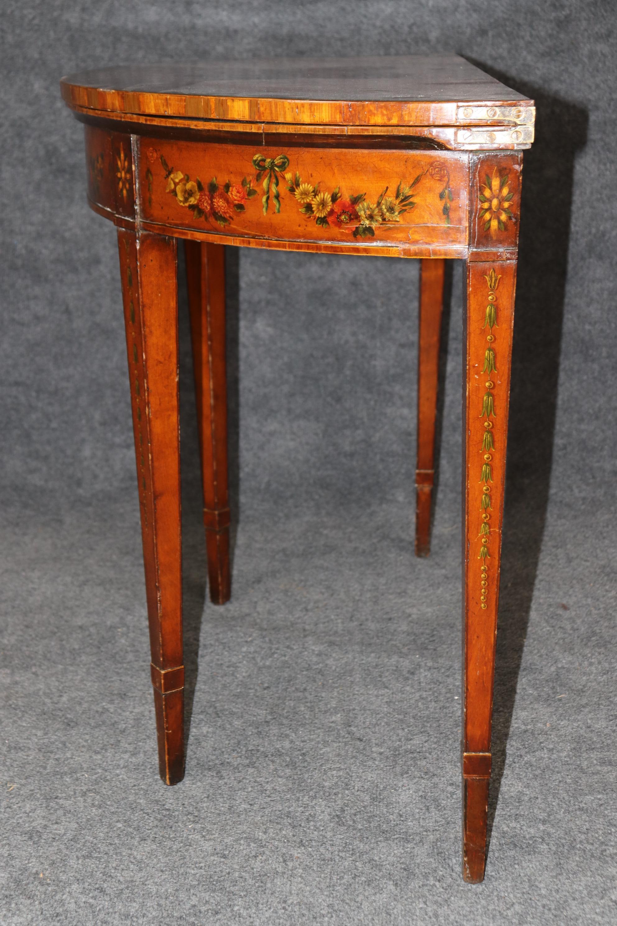 Late 19th Century 19th century English Adams Style Paint Decorated Leather Top Demilune Table For Sale