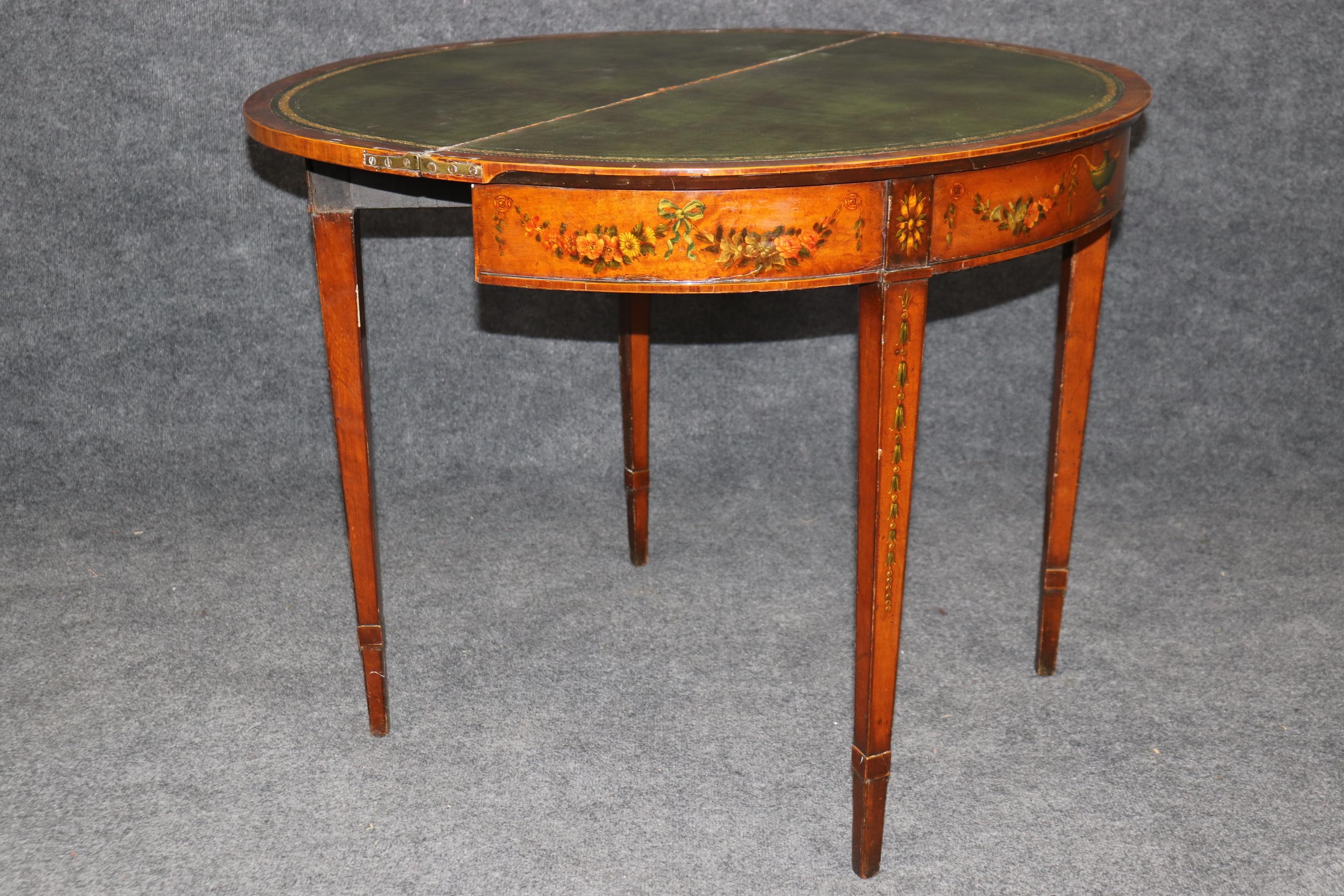 Satinwood 19th century English Adams Style Paint Decorated Leather Top Demilune Table For Sale