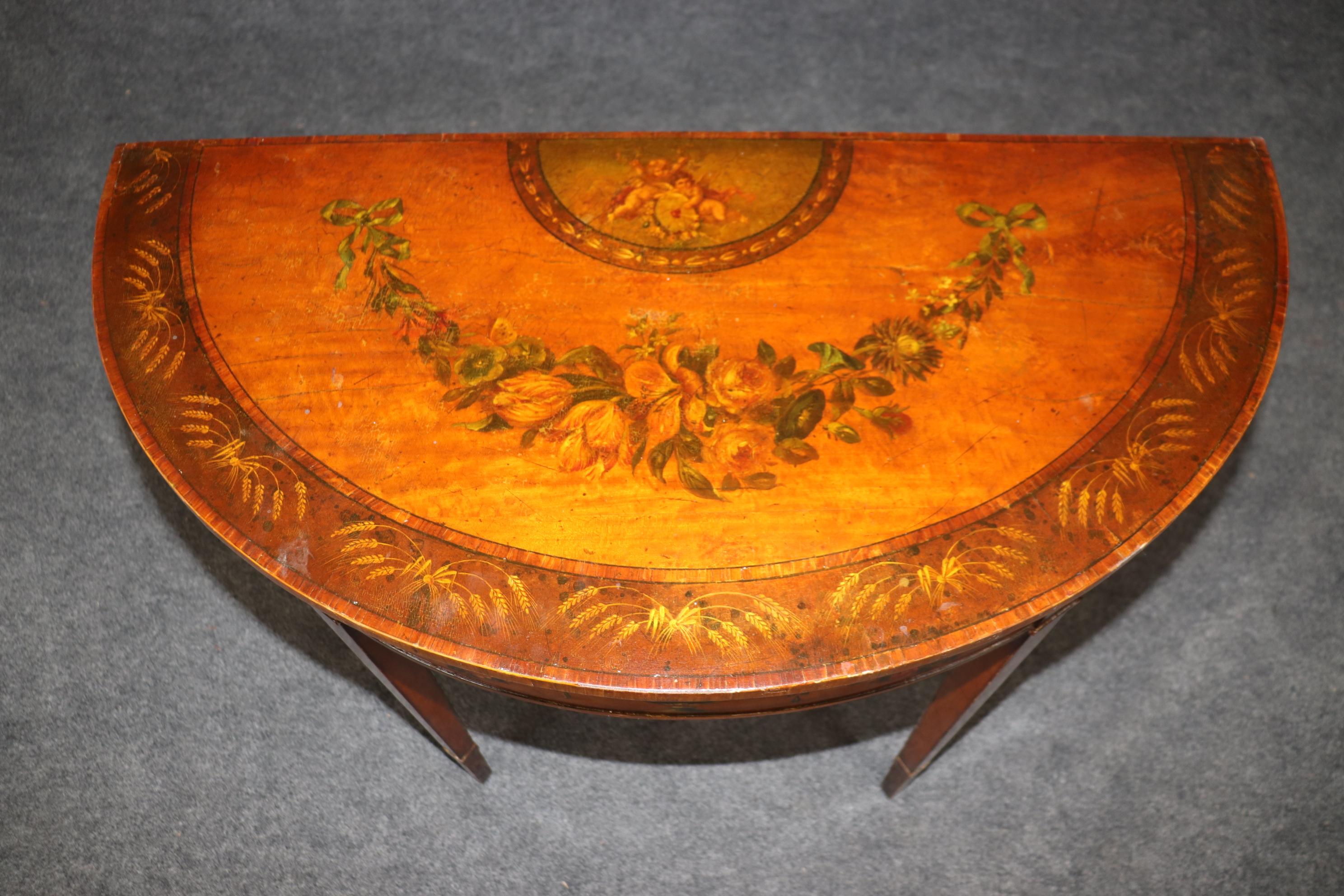 19th century English Adams Style Paint Decorated Leather Top Demilune Table For Sale 2