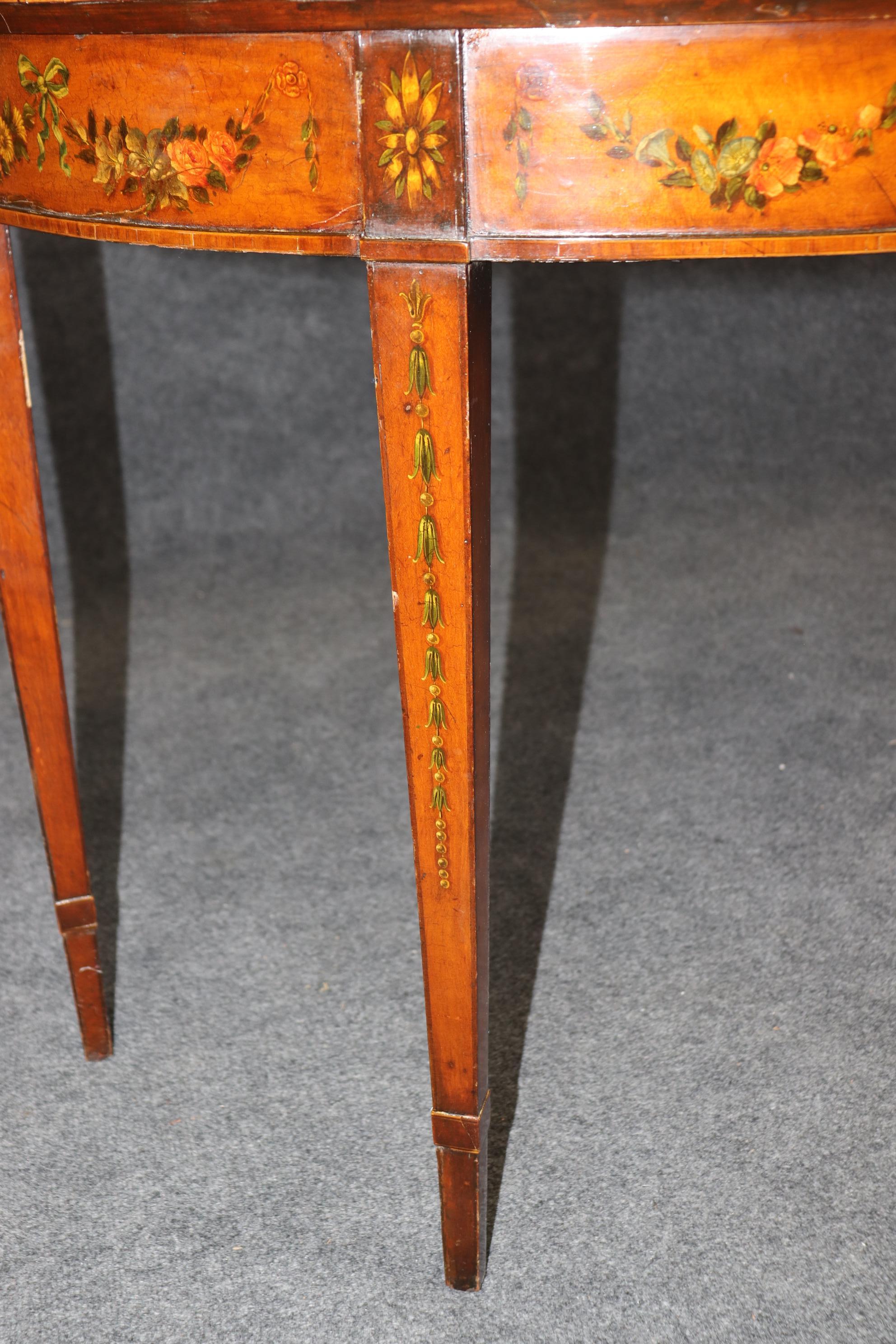 19th century English Adams Style Paint Decorated Leather Top Demilune Table For Sale 3