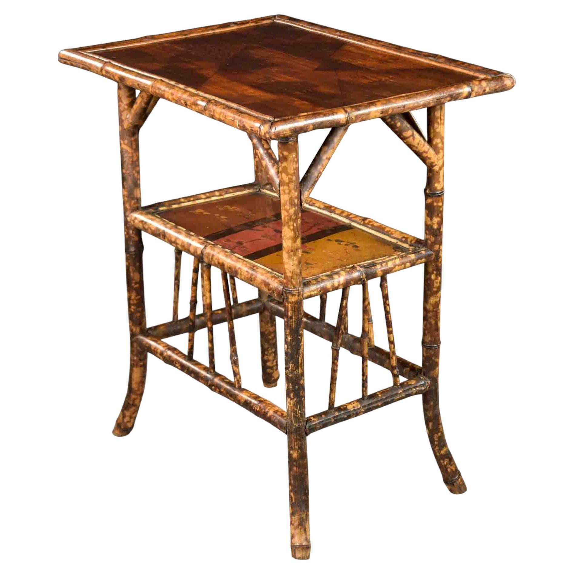 19th Century English Aesthetic Era Bamboo Table with Marquetry and Painted Detai