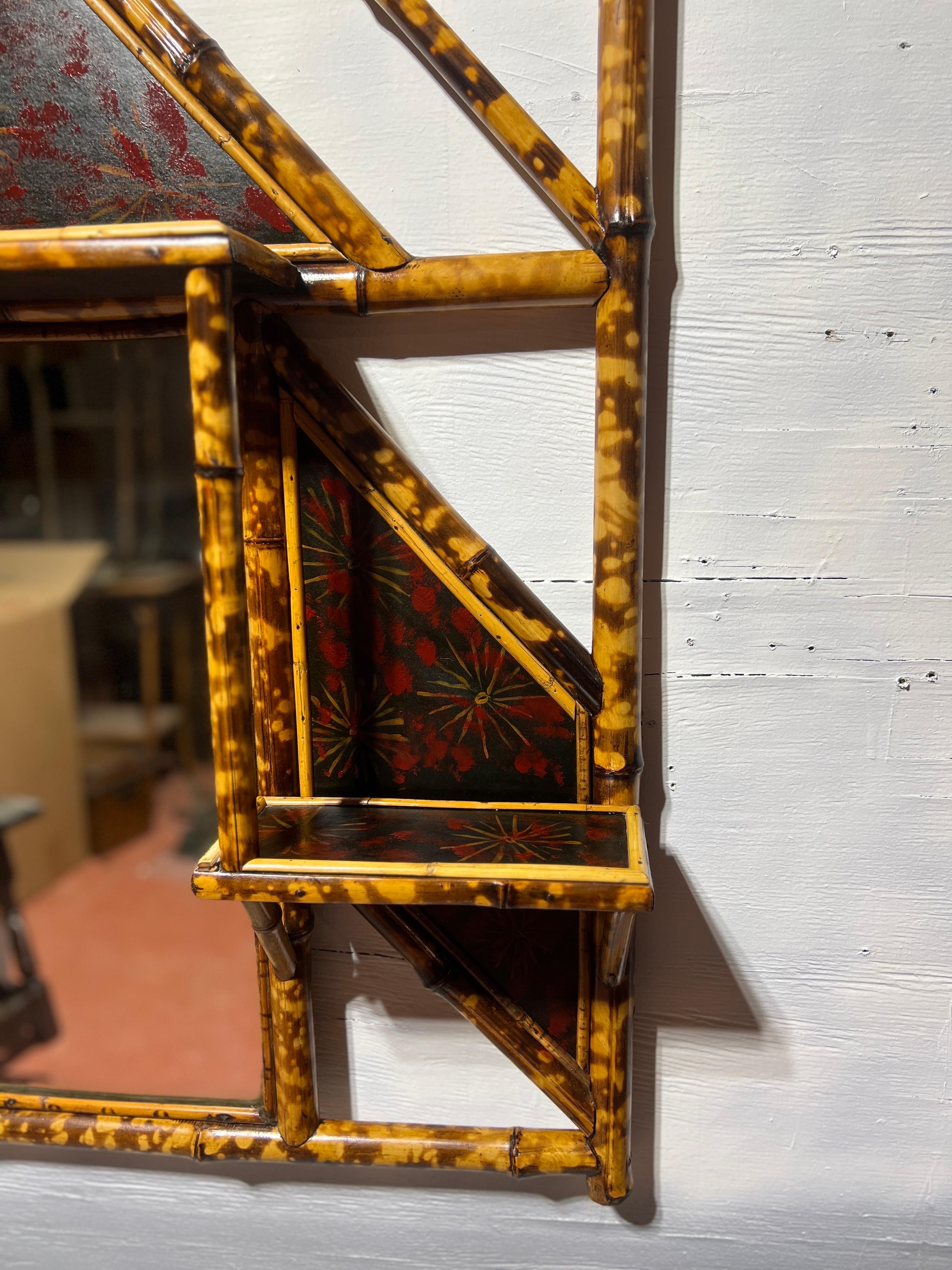 19th Century English Aesthetic Movement Lacquered Bamboo Wall Mirror / Shelf For Sale 1