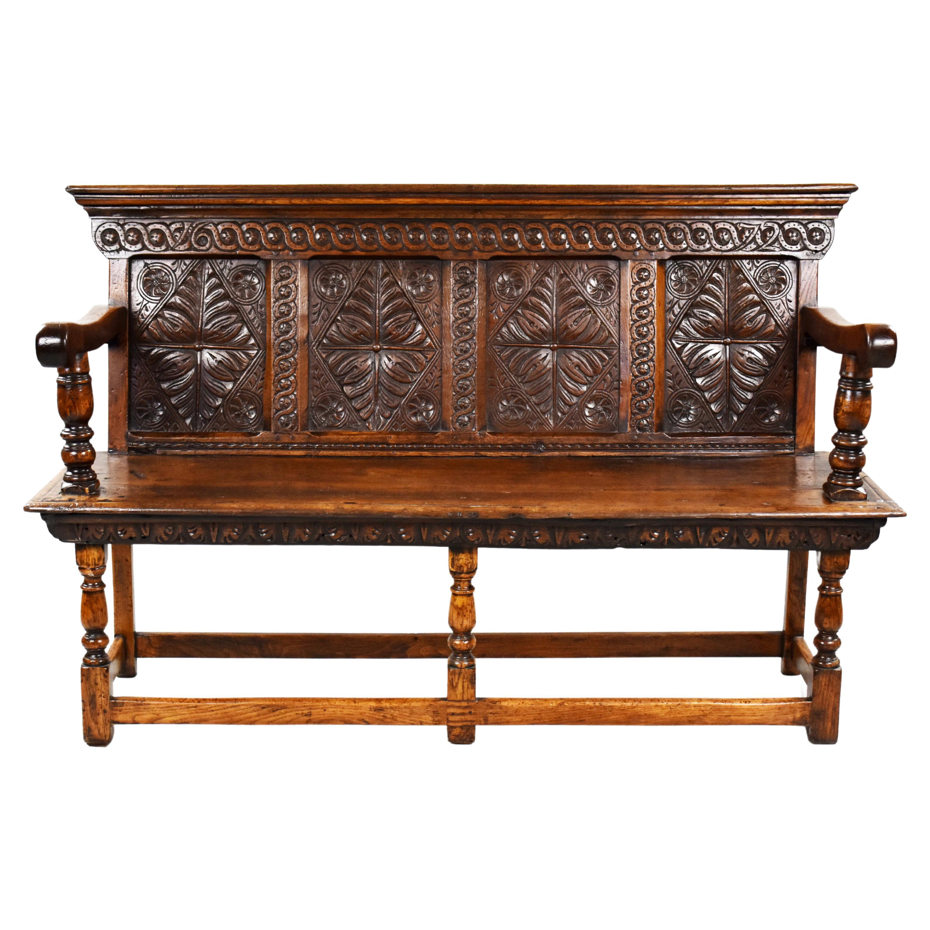 19th Century English Antique Carved Oak Bench