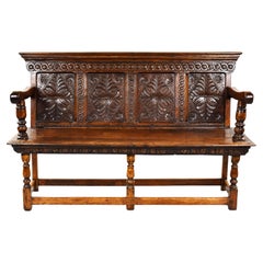 19th Century English Used Carved Oak Bench