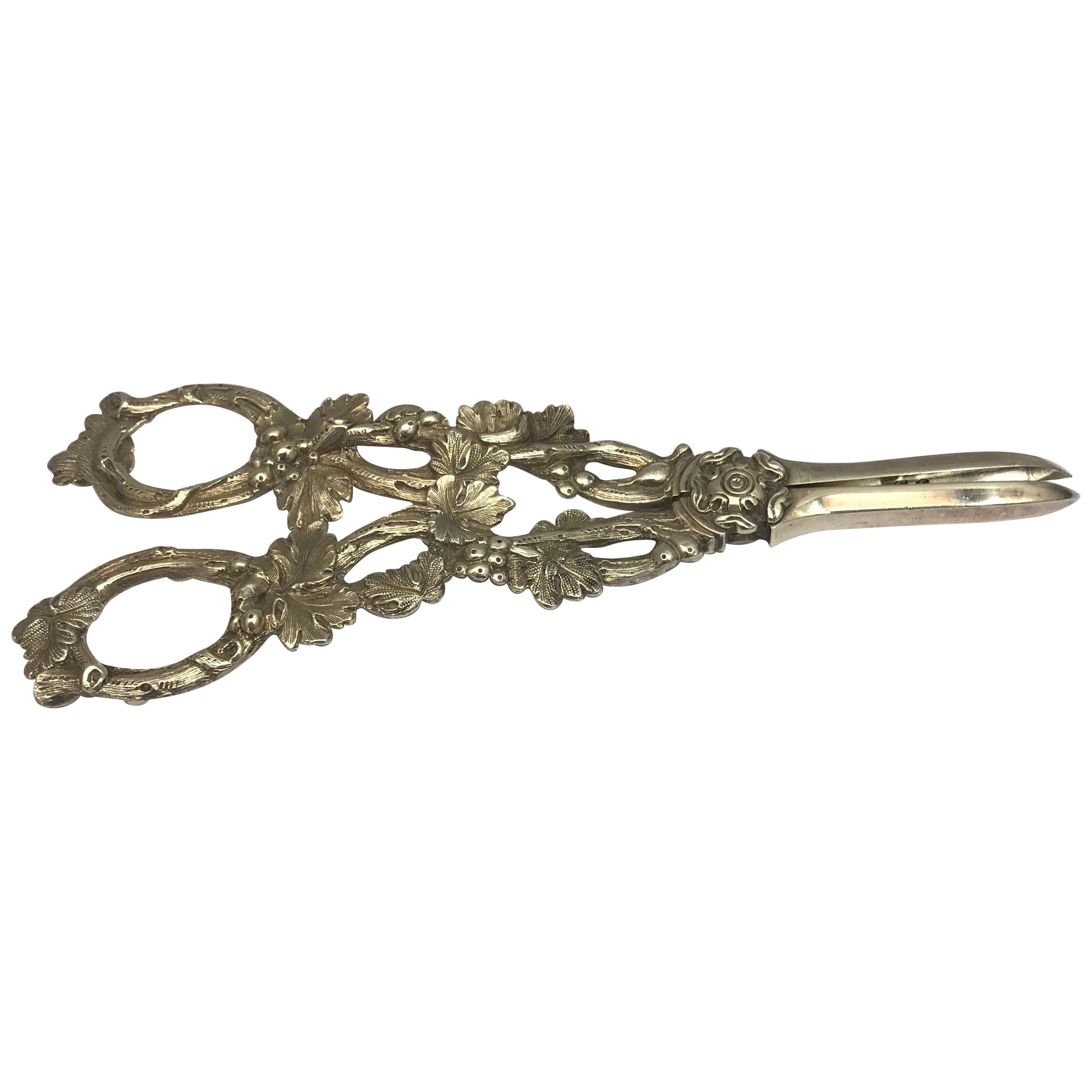 19th Century English Antique Silver Grape Scissors For Sale