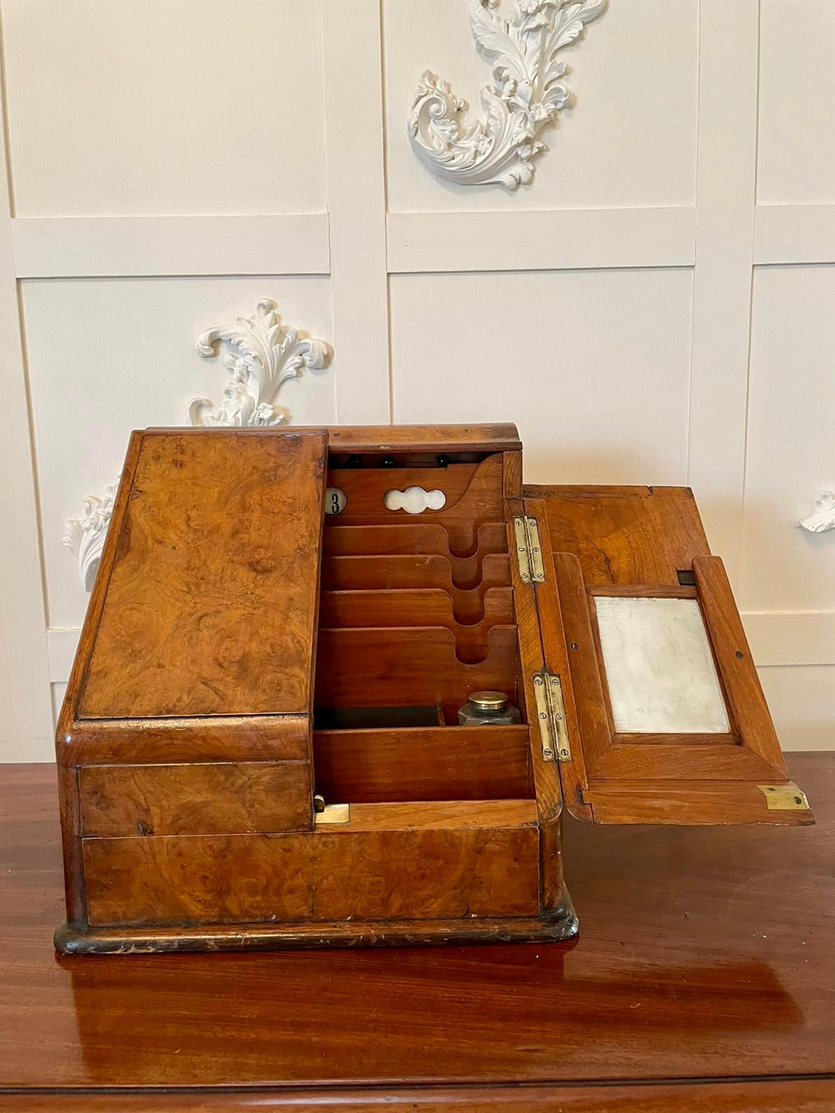 19th Century English Antique Victorian Burr Walnut Stationery Box In Good Condition In Suffolk, GB