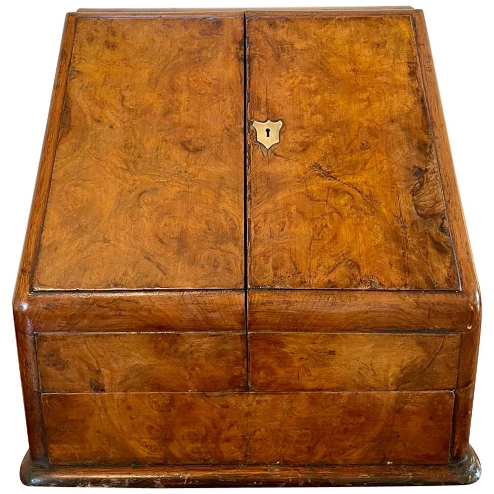 19th Century English Antique Victorian Burr Walnut Stationery Box