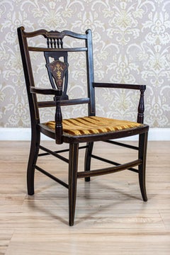 19th-Century English Upholstered Armchair with Decorative Backrest