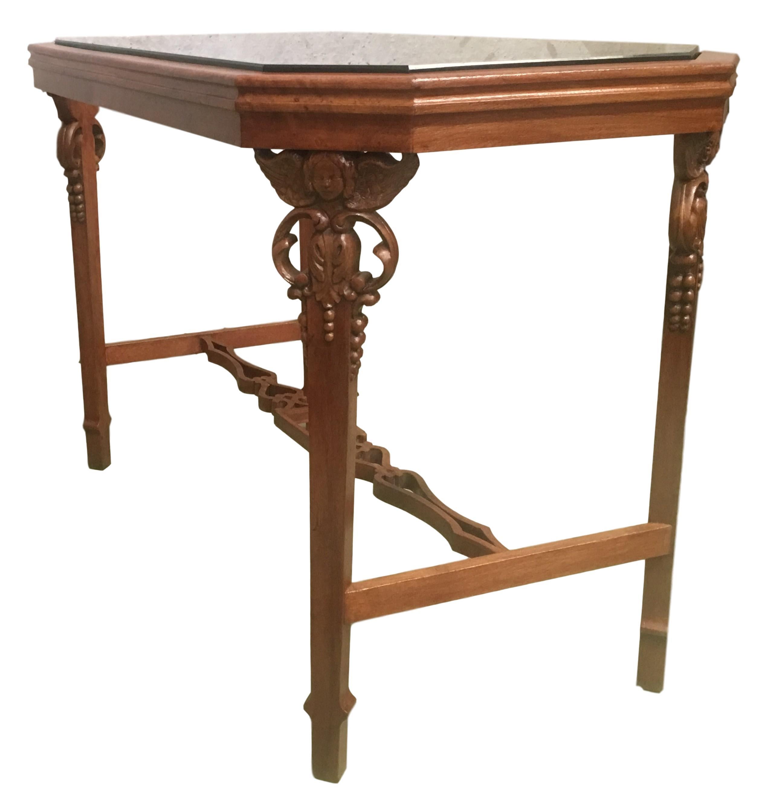 Arts and Crafts 19th Century English Arts & Crafts Elm and Burl Carved Side Table, Glass Top For Sale