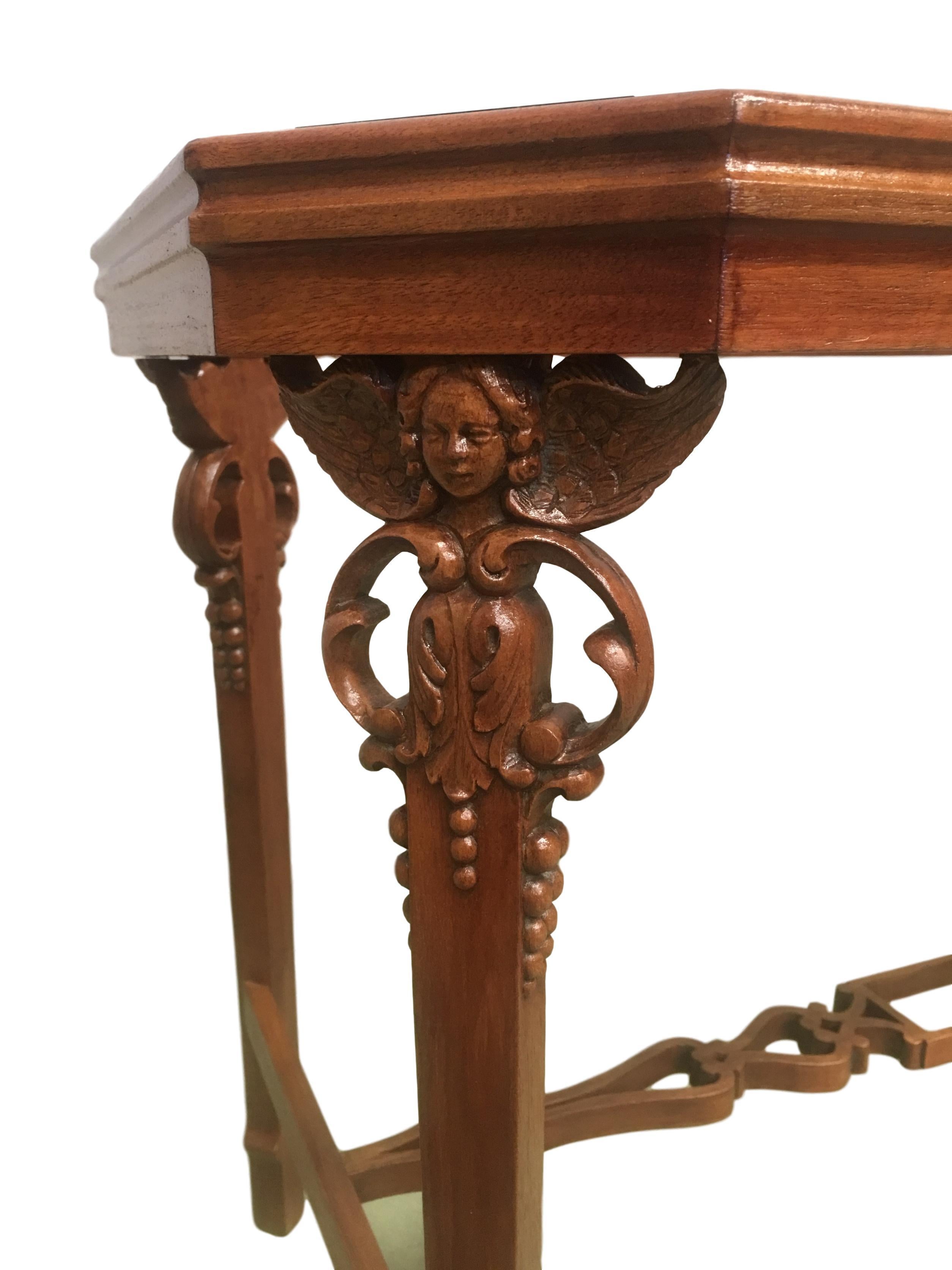 19th Century English Arts & Crafts Elm and Burl Carved Side Table, Glass Top For Sale 1