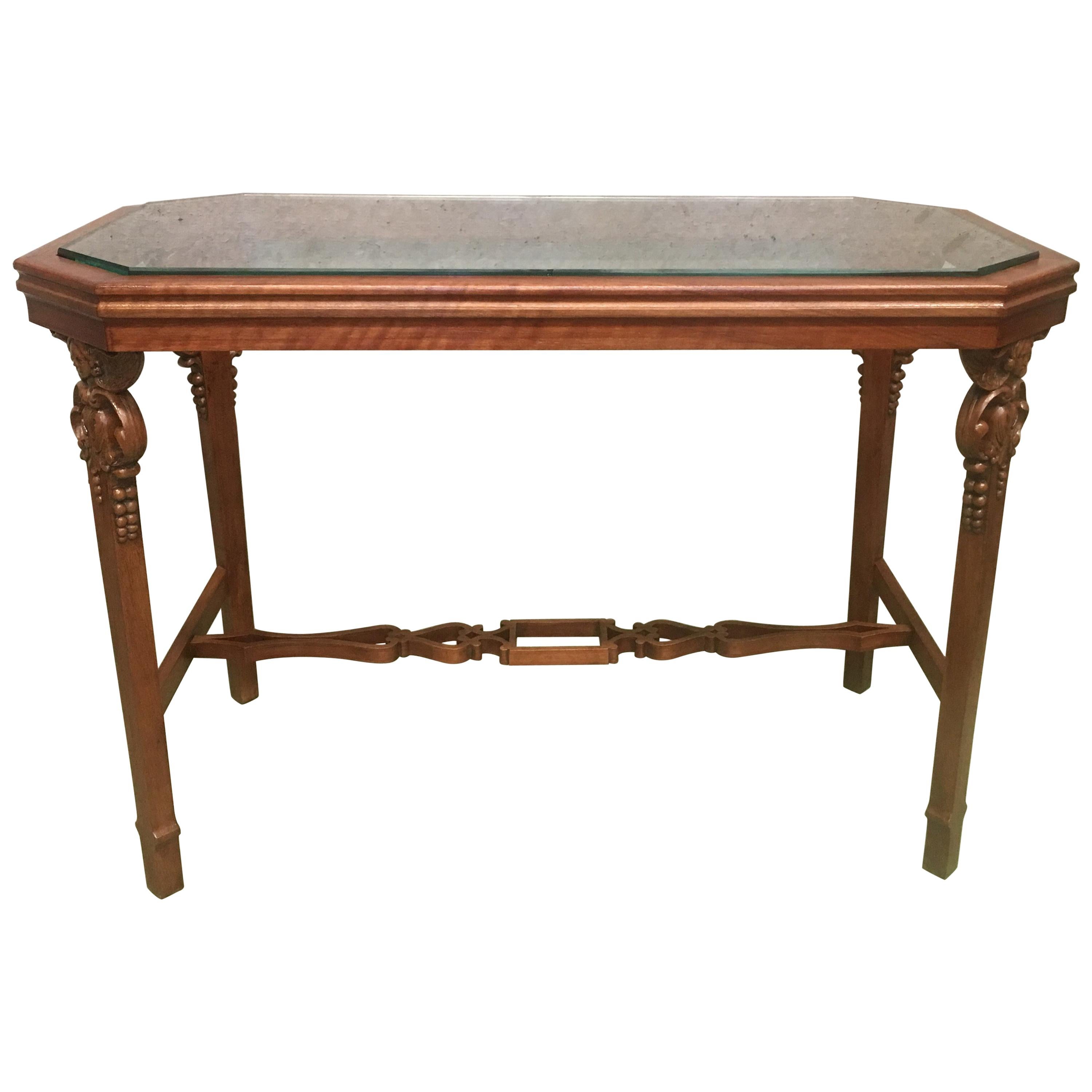 19th Century English Arts & Crafts Elm and Burl Carved Side Table, Glass Top For Sale