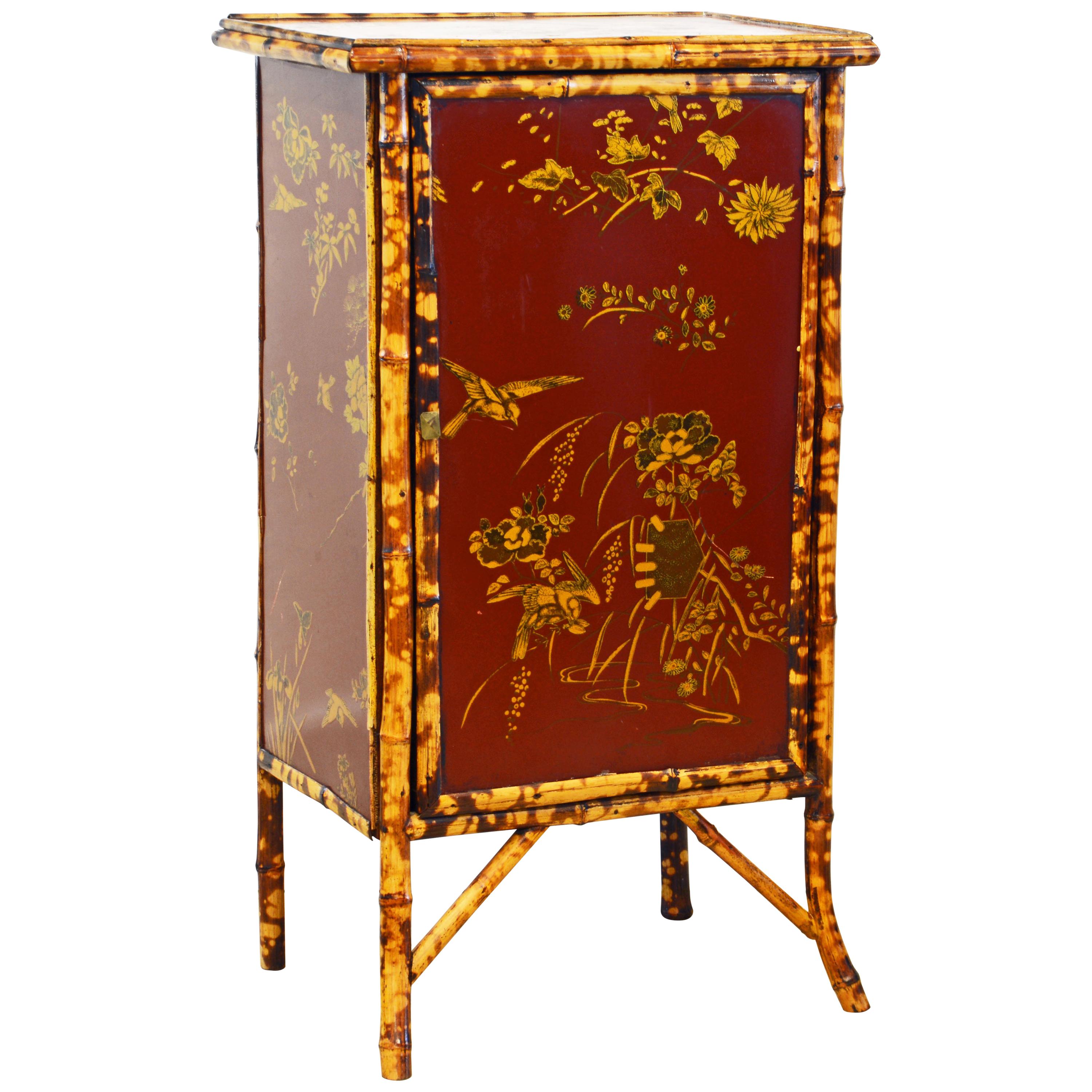 19th Century English Bamboo and Red Lacquer Chinoiserie Gilt Decorated Cabinet