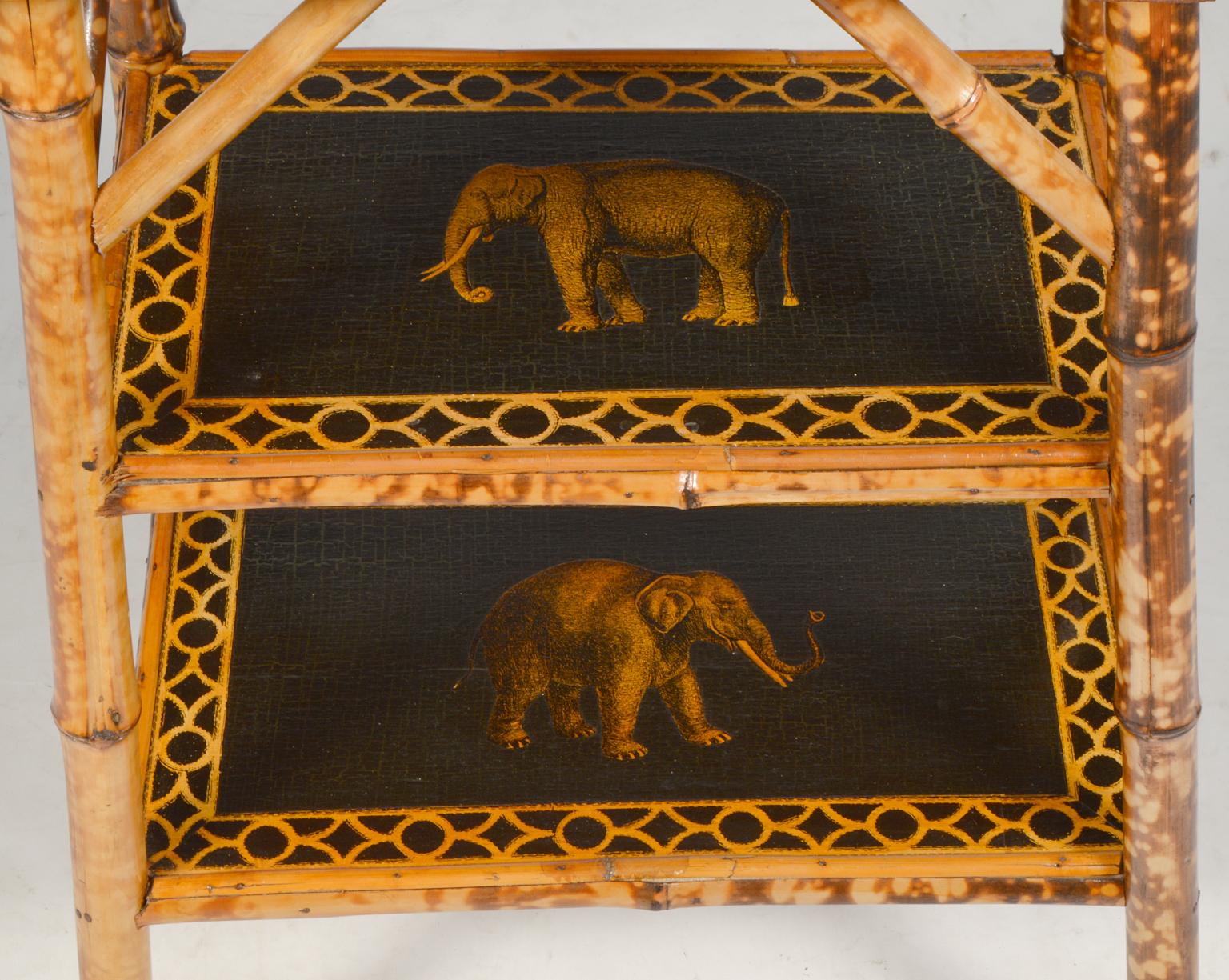 Late Victorian 19th Century English Bamboo and Wild Animal Decoupage Two Shelf Side Table