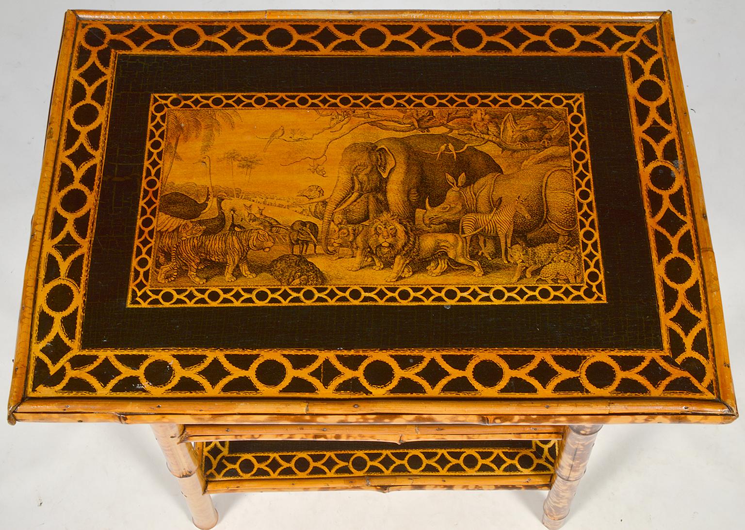 Découpage 19th Century English Bamboo and Wild Animal Decoupage Two Shelf Side Table