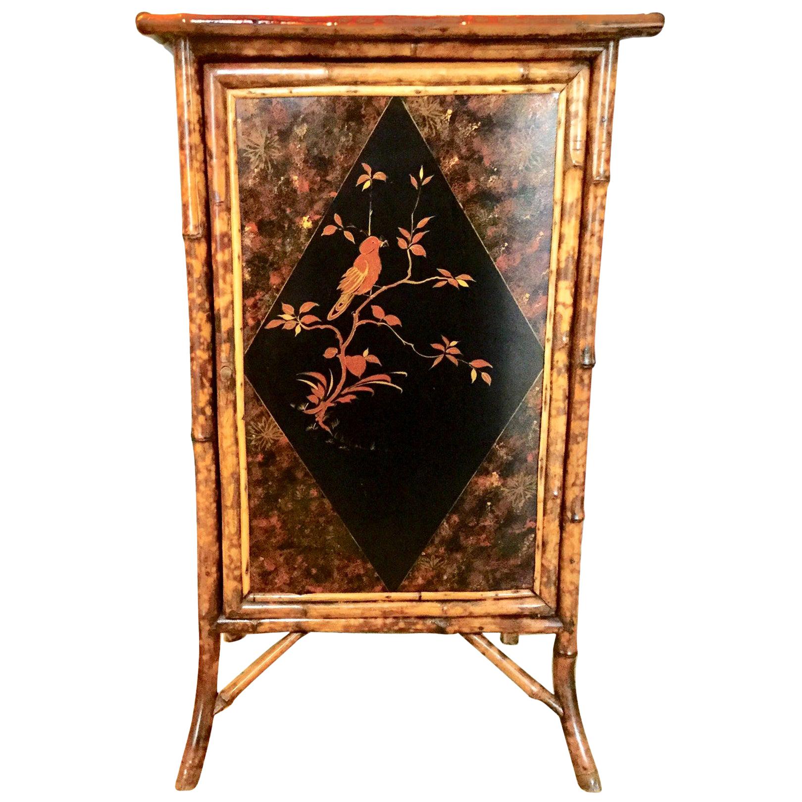 19th Century English Bamboo Cabinet with Chinoiserie Lacquered Panels