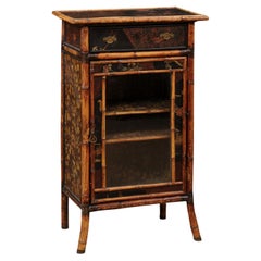 19th Century English Bamboo Cabinet with Glass Door and Embossed Leather Detail
