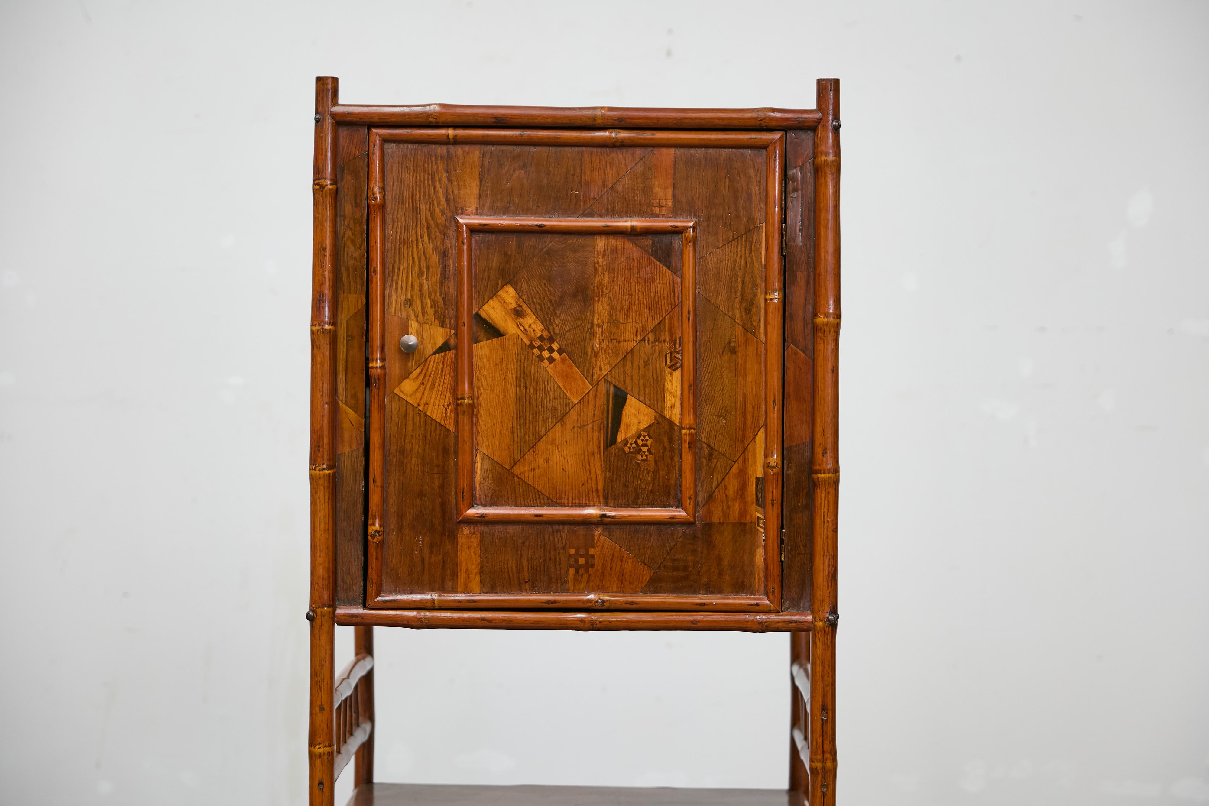 Inlay 19th Century English Bamboo Cabinet with Parquetry Door and Shelves For Sale