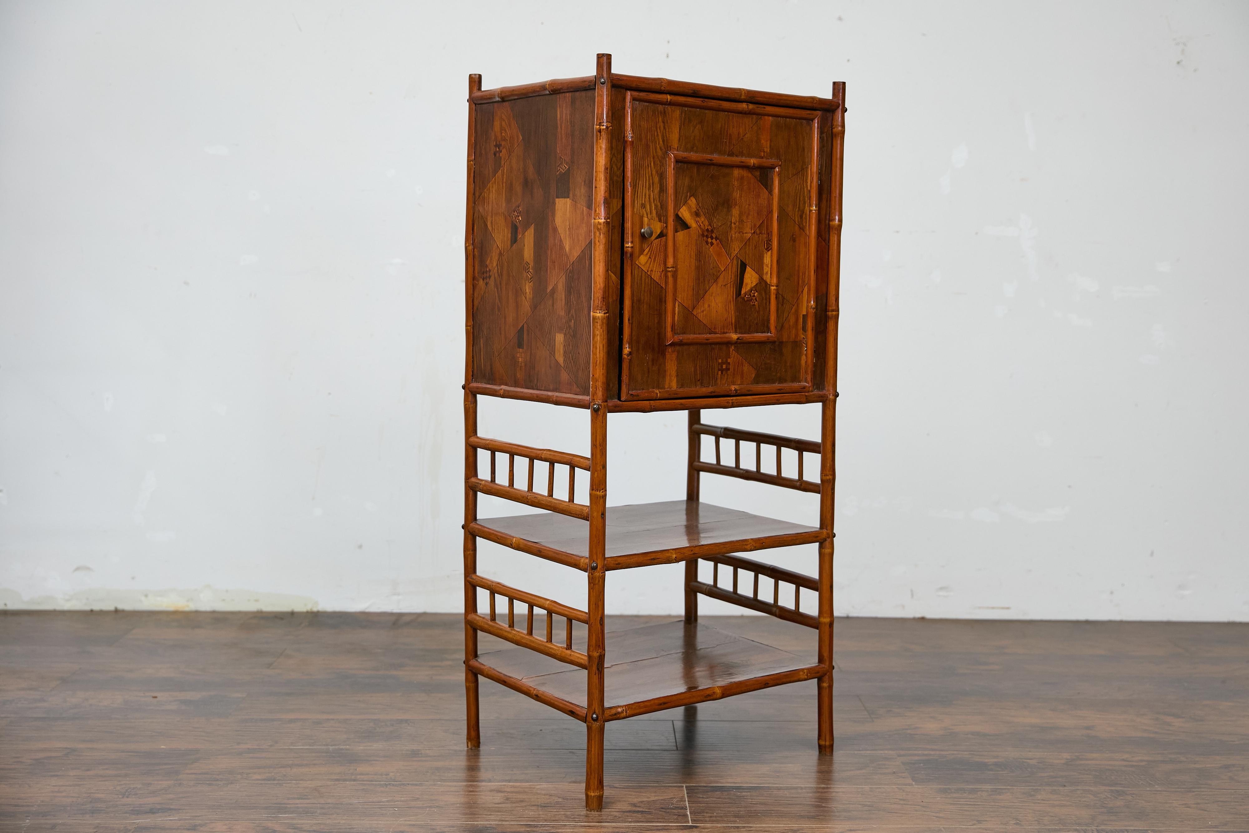 19th Century English Bamboo Cabinet with Parquetry Door and Shelves For Sale 1