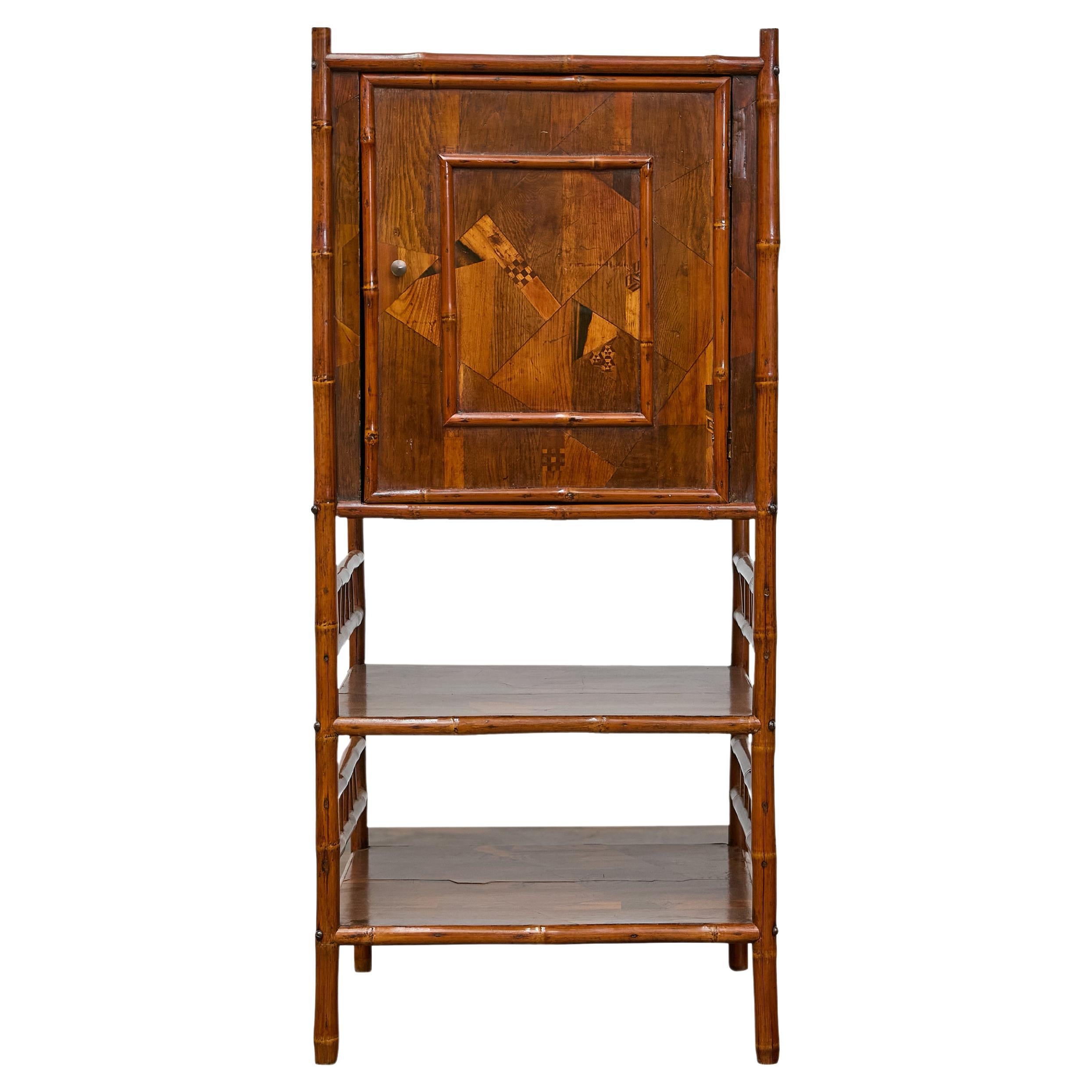 19th Century English Bamboo Cabinet with Parquetry Door and Shelves For Sale