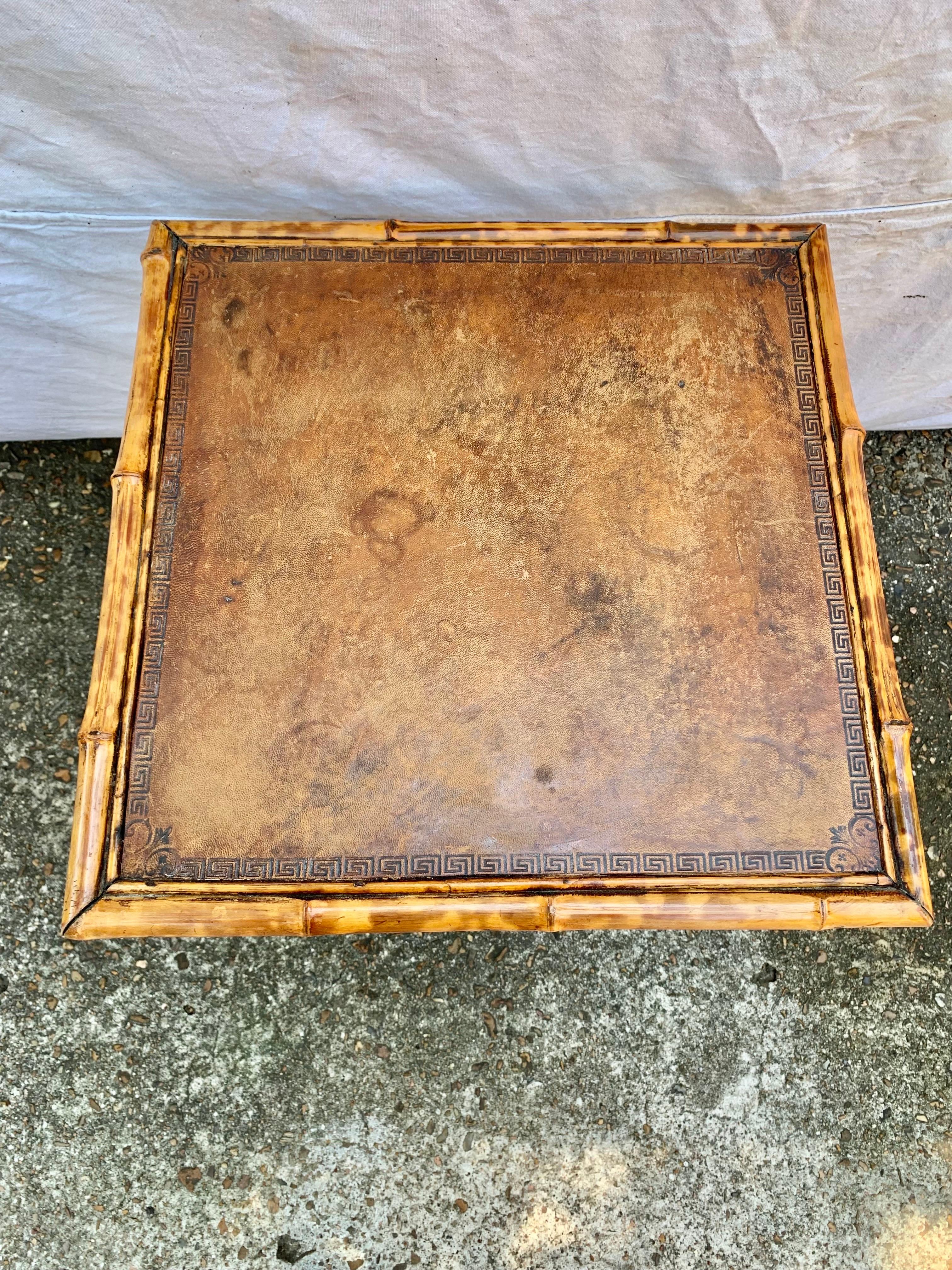 19th Century English Bamboo Embossed Leather Top Side Table In Good Condition For Sale In Burton, TX