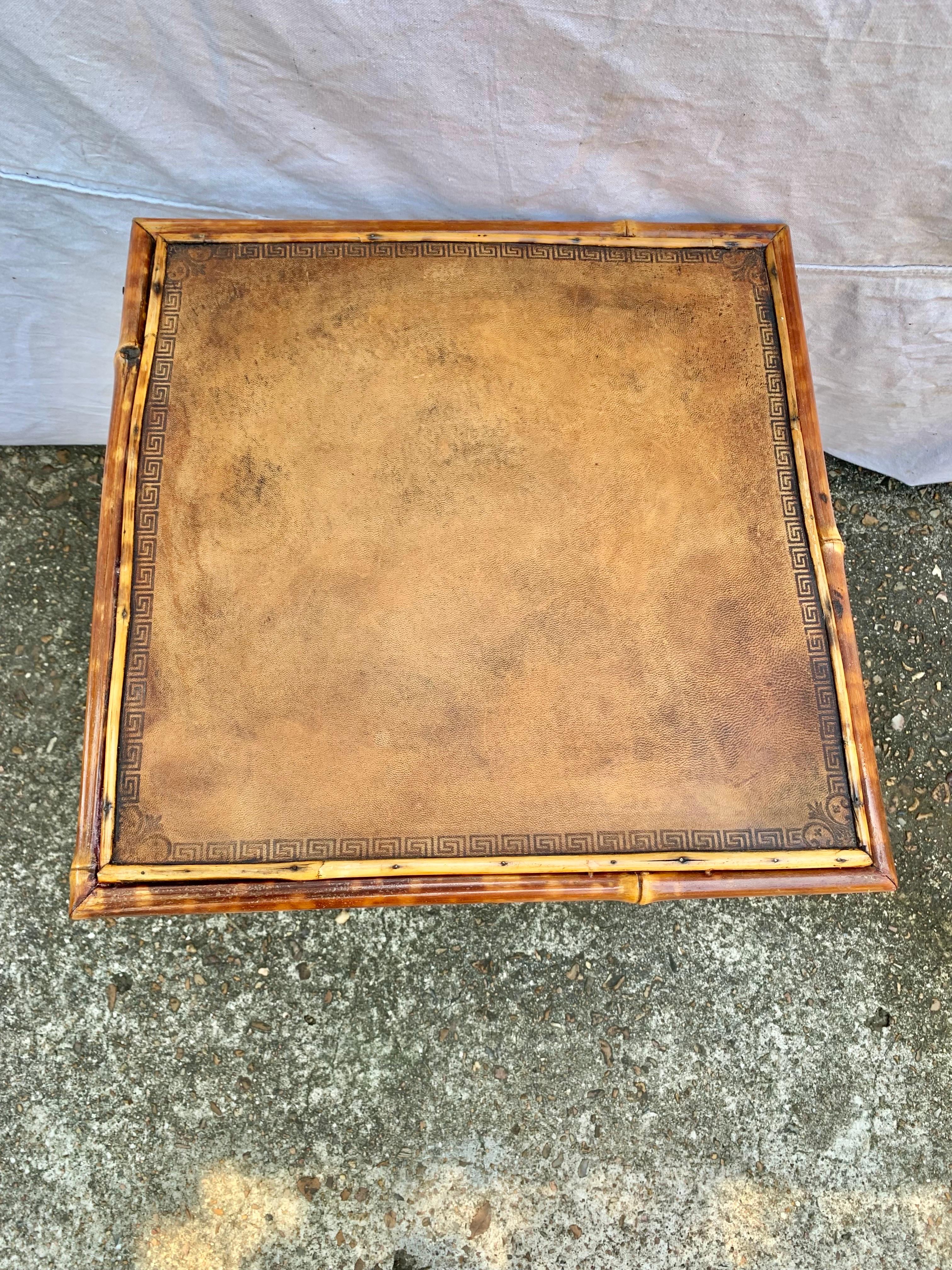 19th Century English Bamboo Embossed Leather Top Side Table For Sale 1