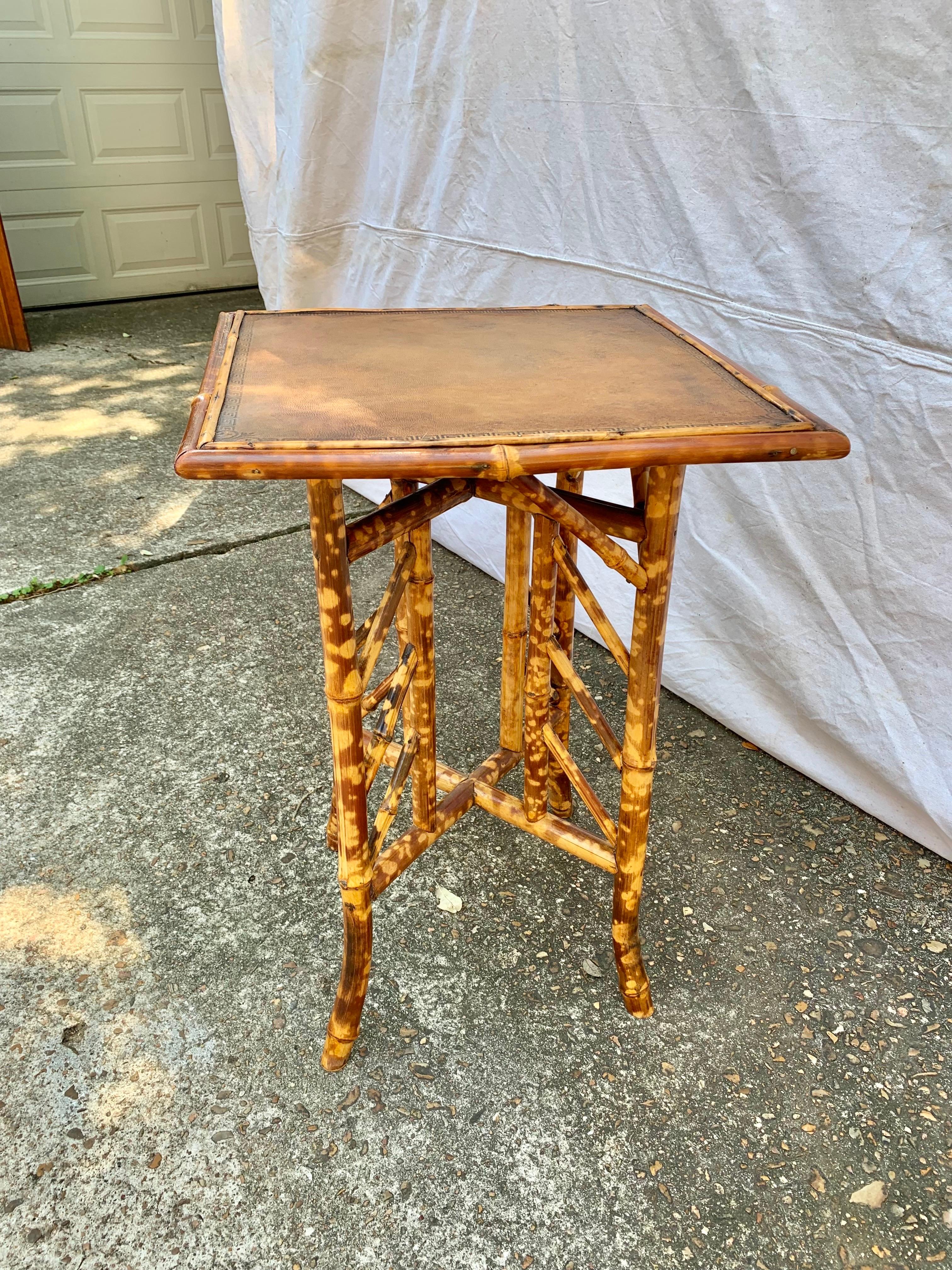 19th Century English Bamboo Embossed Leather Top Side Table For Sale 3