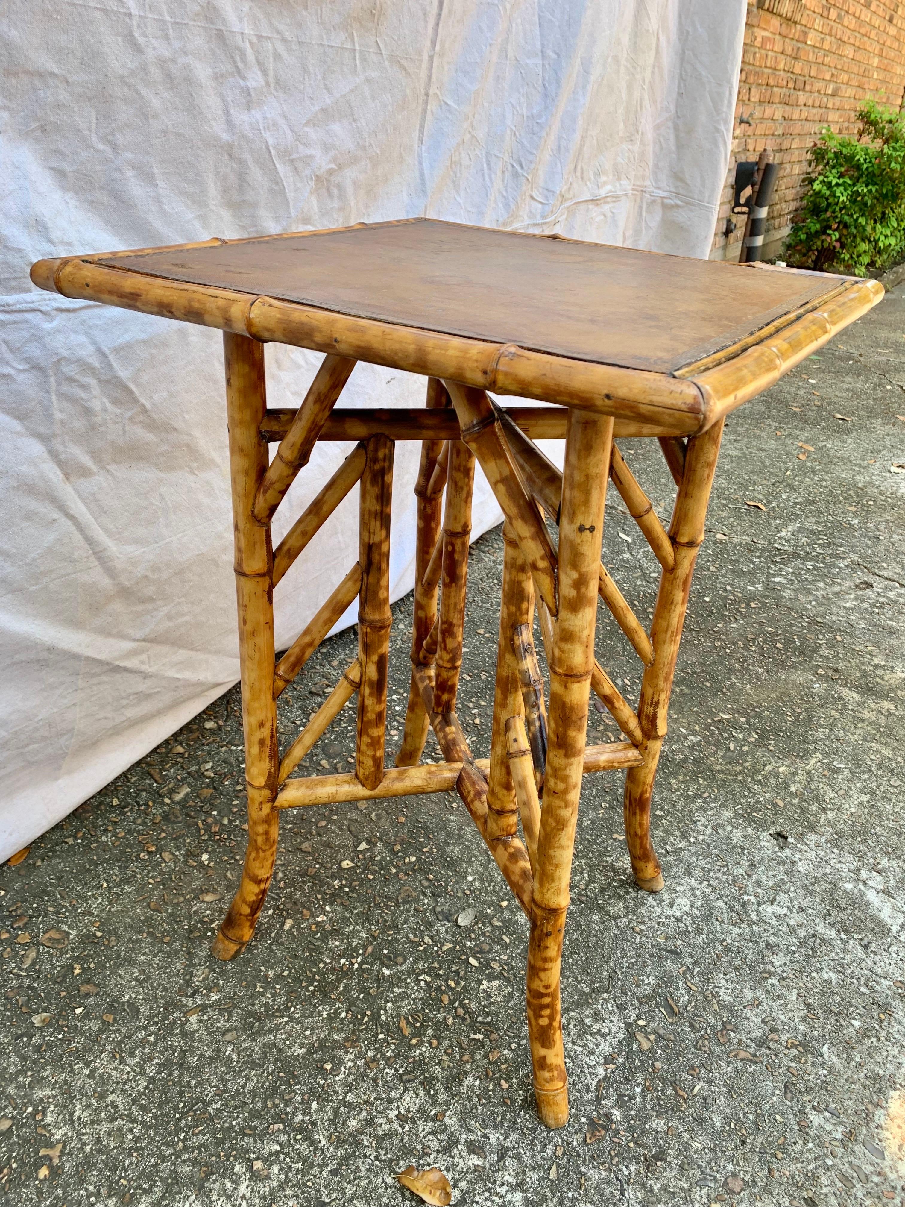 19th Century English Bamboo Embossed Leather Top Side Table For Sale 4