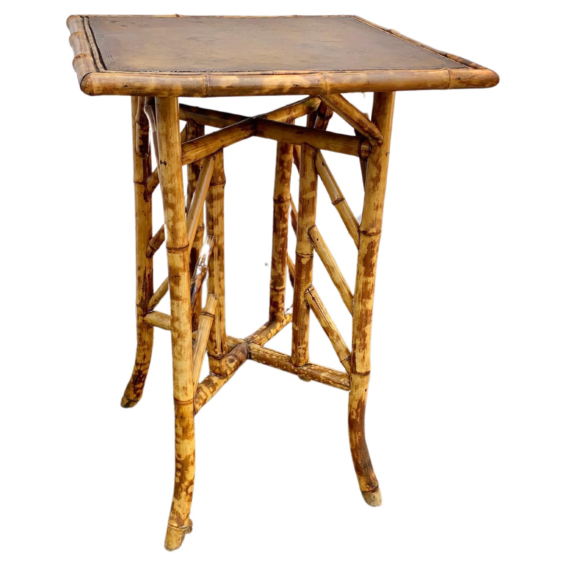 19th Century English Bamboo Embossed Leather Top Side Table For Sale