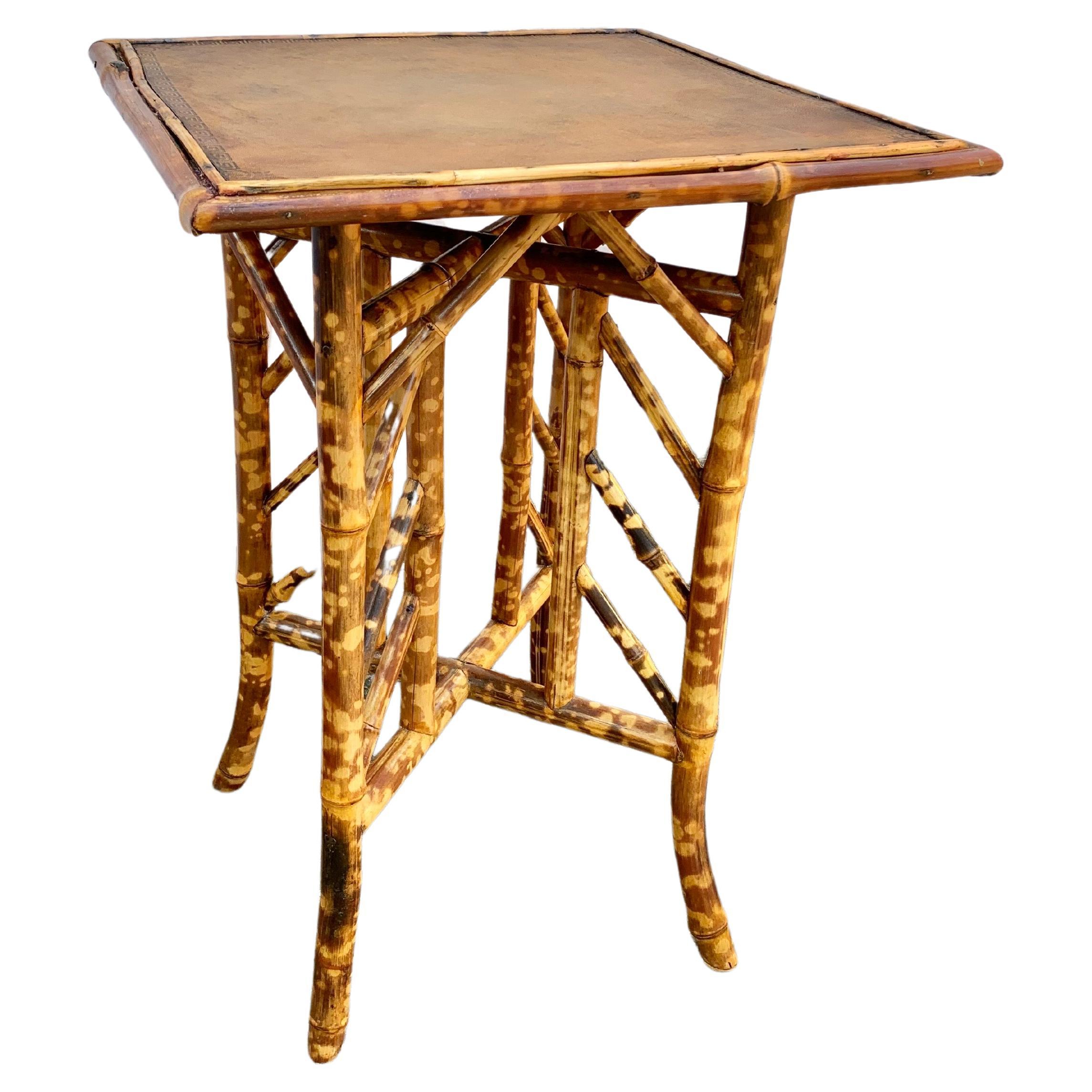 19th Century English Bamboo Embossed Leather Top Side Table For Sale