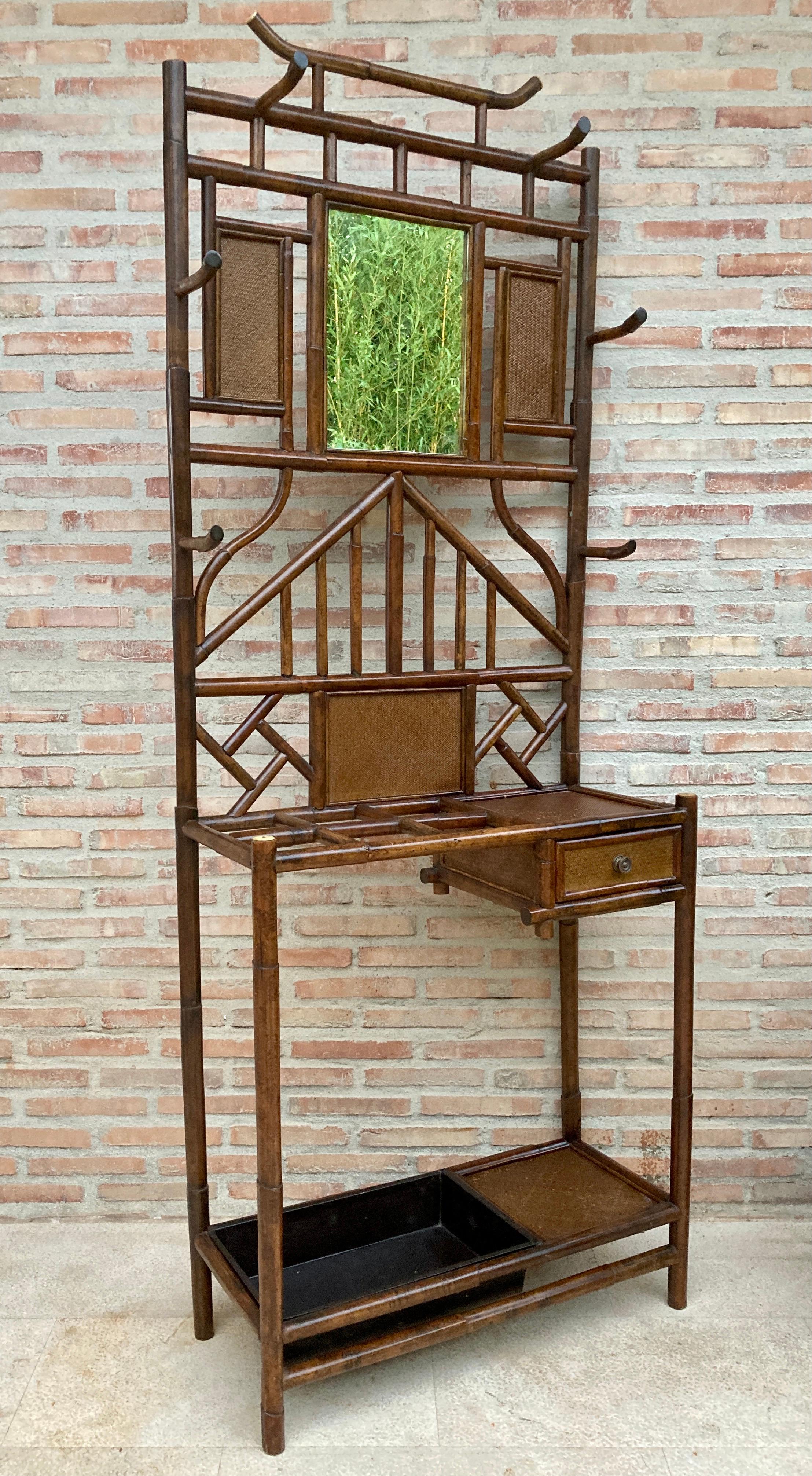 19th-Century English Bamboo Hall Stand with Mirror In Good Condition In Miami, FL