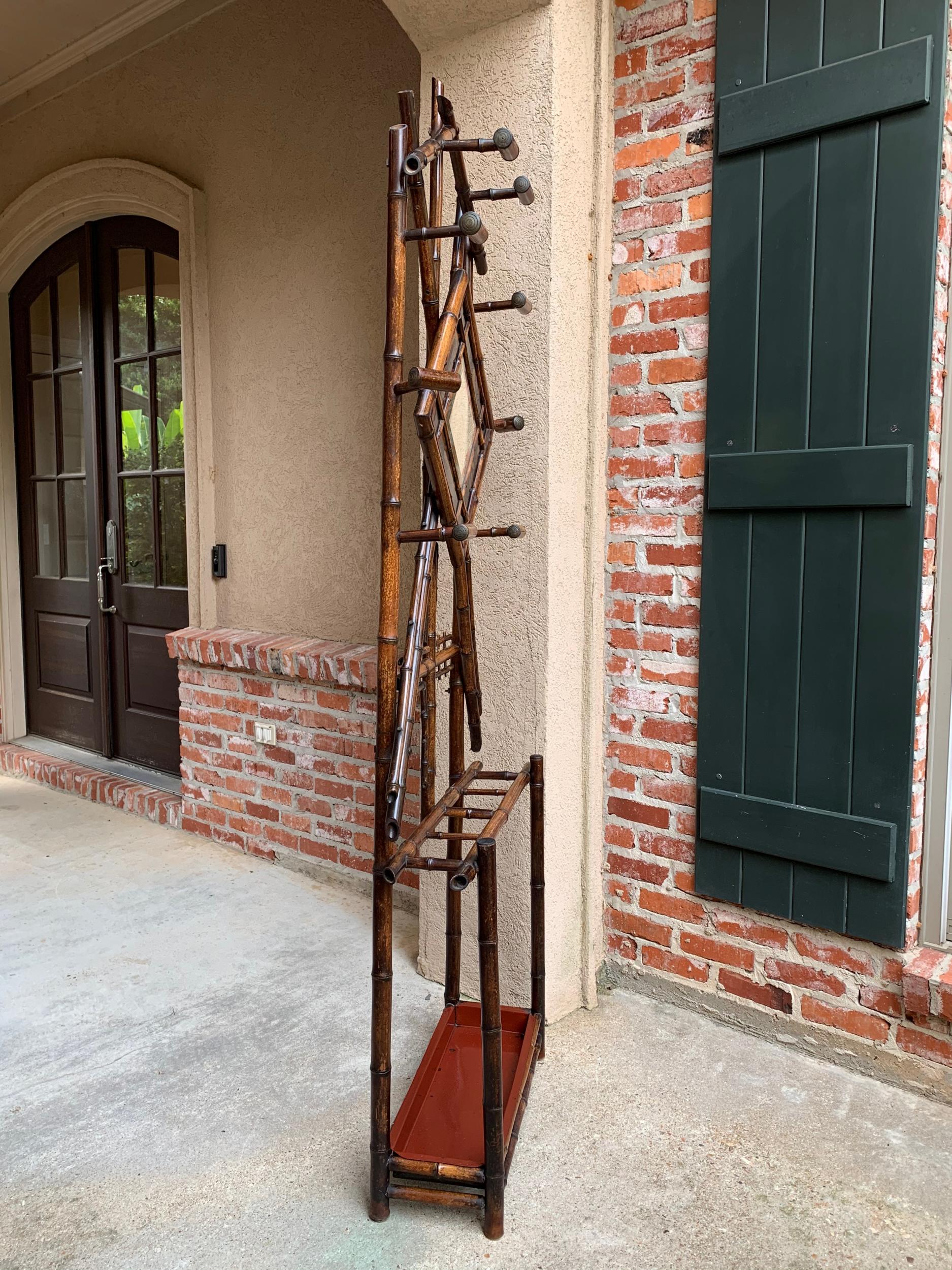 19th Century English Bamboo Hall Tree Umbrella Stand Mirror Chinoiserie 5