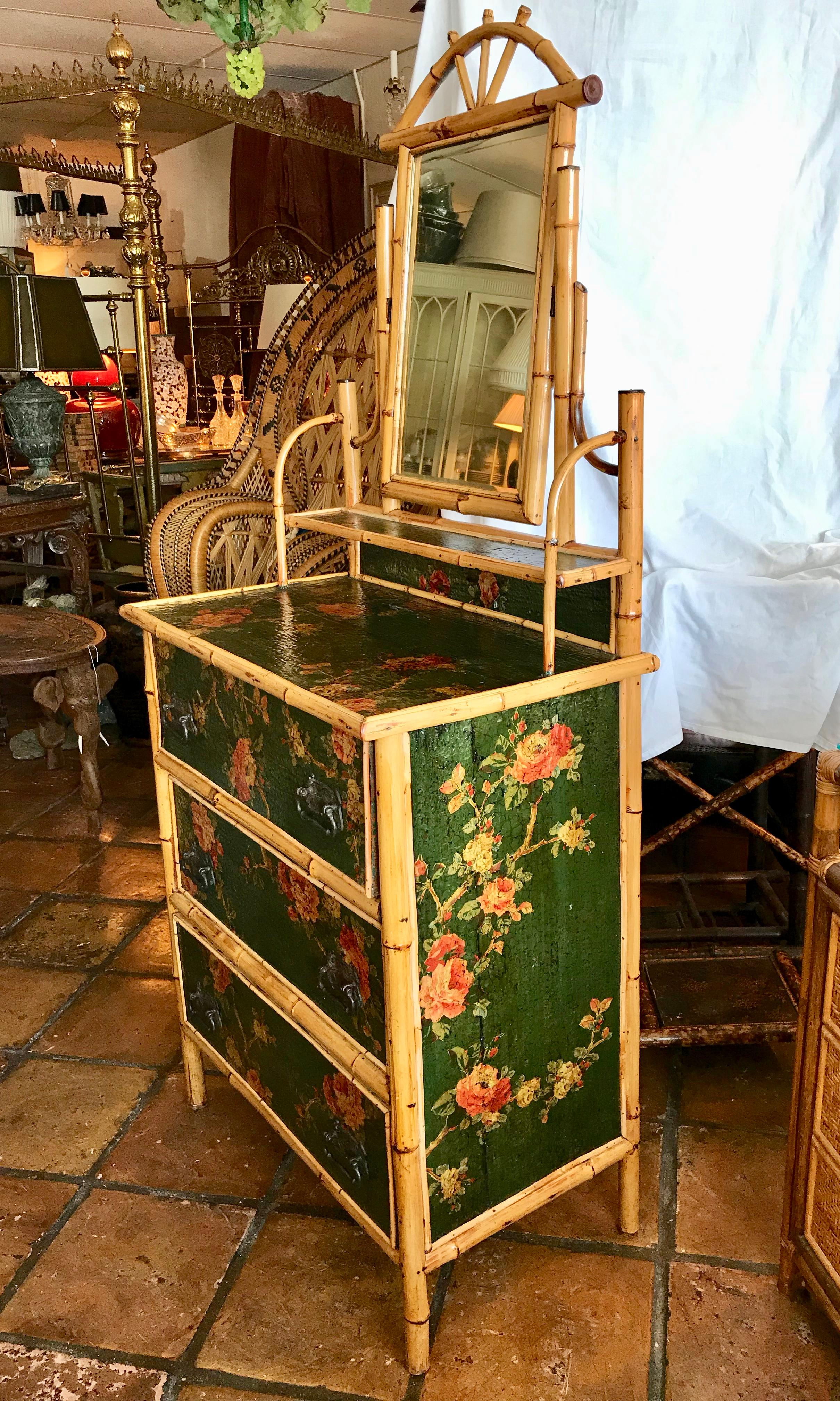 It is a most unusual dresser with an adjustable mirror. The mirror is beveled.
It is fitted with 3 amply proportioned drawers and decorated all over with added decoupage florals.
Beautifully proportioned and designed with good height.