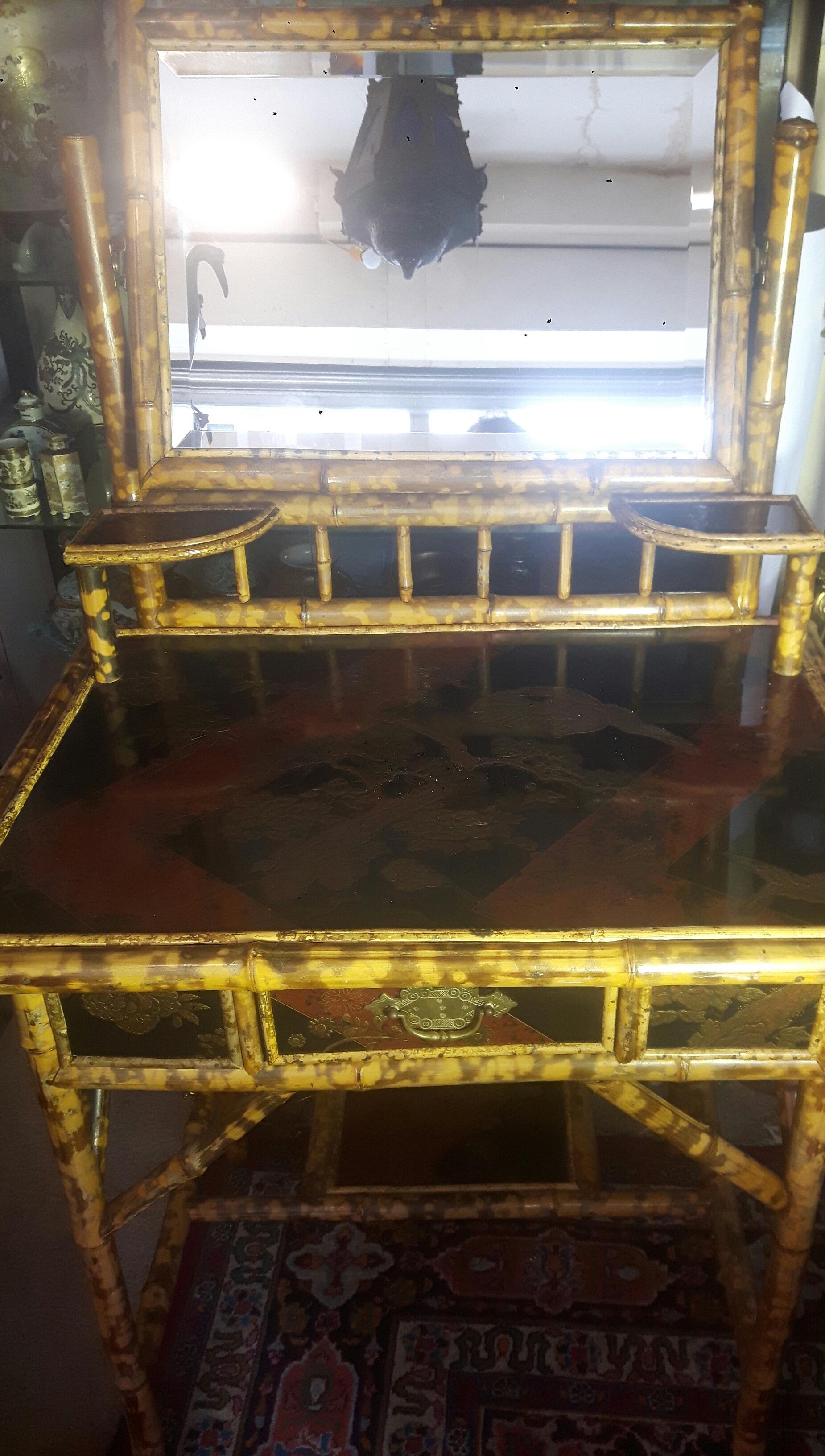 19th century English bamboo & red / black lacquer drawer dressing table set (3) For Sale 4